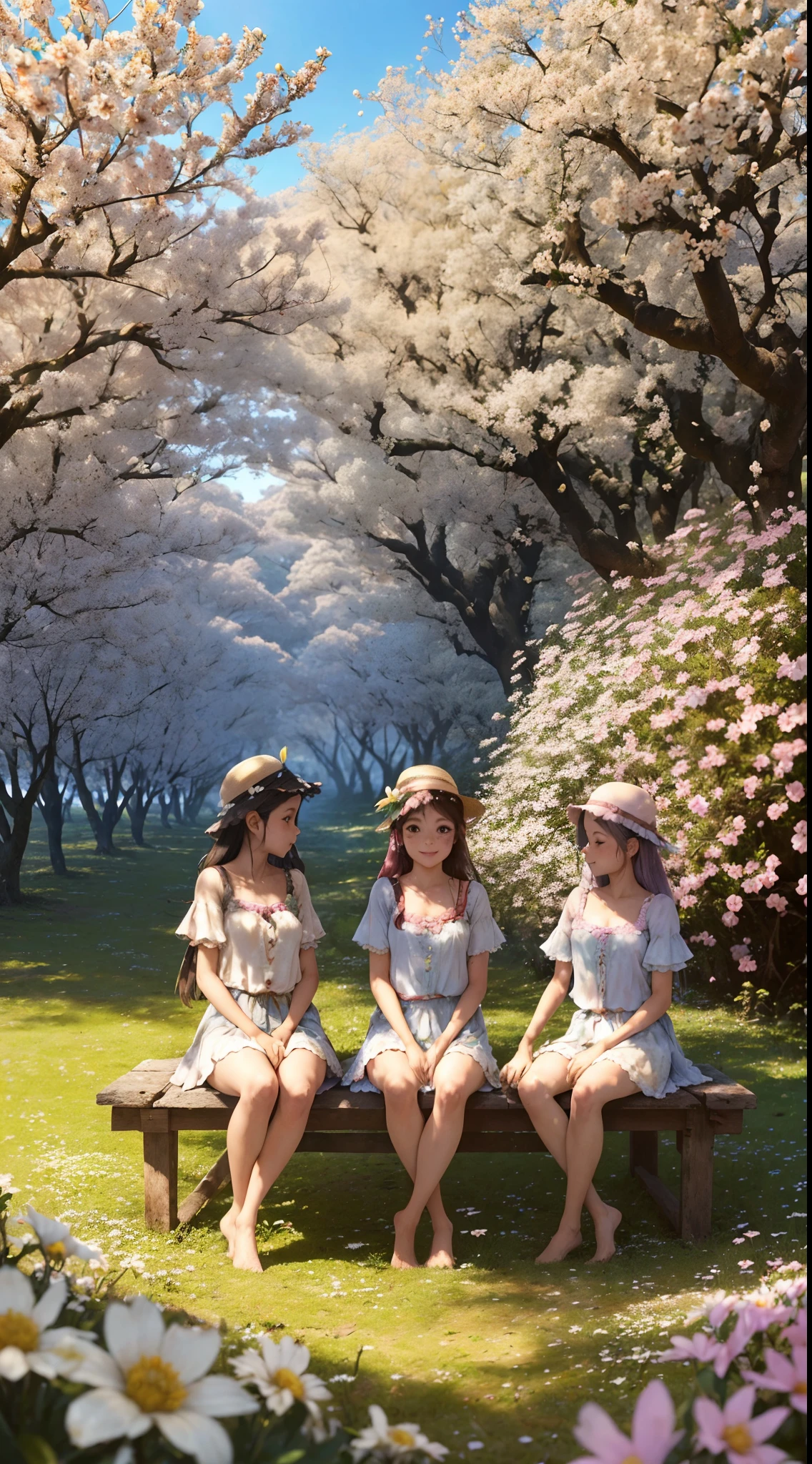 eyesight, (three Lolitas: 2) Stable diffusion is the best image quality, morning sunlight, paisagem da primavera, orvalho e flores, uma terra de sonho de conto de fadas, Viagem, um lindo e ensolarado dia, caminho florestal