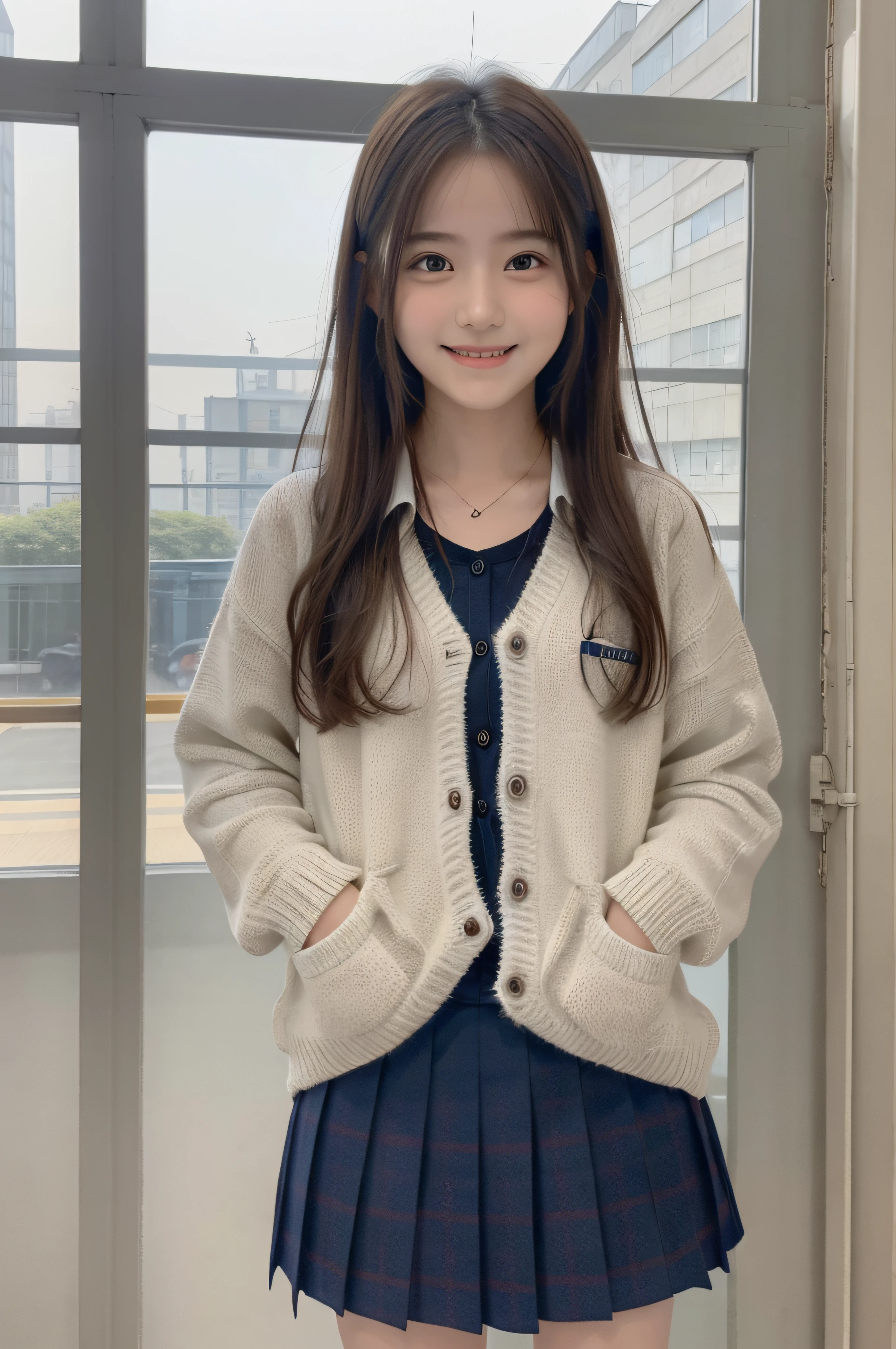 、soio、brown haired、beautidful eyes、real looking skin、A detailed eye、hi-school girl、(8K、masterpiece)、(reallistic、Photorealsitic)、top-quality、ighly detailed、The ultra-detailliert、Beautie、cute little、japanes、a smile、Close-up portrait、Healthy face、schools、School uniform、Cardigan、plaid skirts