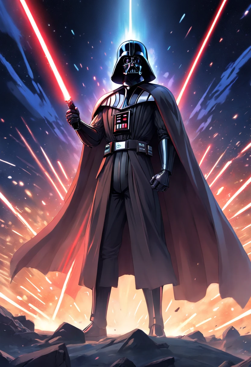 Darth Vader, ((Masculino)), portrait, dark side, glowing red lightsaber, intense eyes, deep voice, imposing figure, heavily armored suit, billowing cape, Sith Lord, helmet, mask, heavy breathing, mechanical limbs, Star Wars, sci-fi, dramatic lighting, black and white, contrasting shadows, evil, power, dominance, iconic character, iconic pose, galaxy, space, menacing presence, force choke, villain, Luke Skywalker's father, tragic hero, redemption, iconic quotes. (best quality, ultra-detailed, photorealistic, HDR), (concept artists), vibrant colors.
