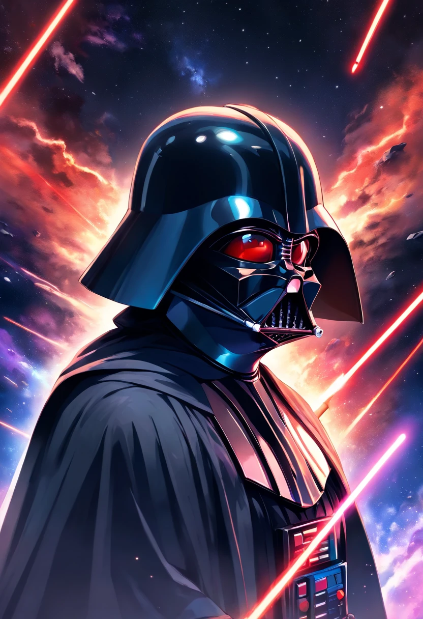 Darth Vader, ((Masculino)), portrait, dark side, glowing red lightsaber, intense eyes, deep voice, imposing figure, heavily armored suit, billowing cape, Sith Lord, helmet, mask, heavy breathing, mechanical limbs, Star Wars, sci-fi, dramatic lighting, black and white, contrasting shadows, evil, power, dominance, iconic character, iconic pose, galaxy, space, menacing presence, force choke, villain, Luke Skywalker's father, tragic hero, redemption, iconic quotes. (best quality, ultra-detailed, photorealistic, HDR), (concept artists), vibrant colors.
