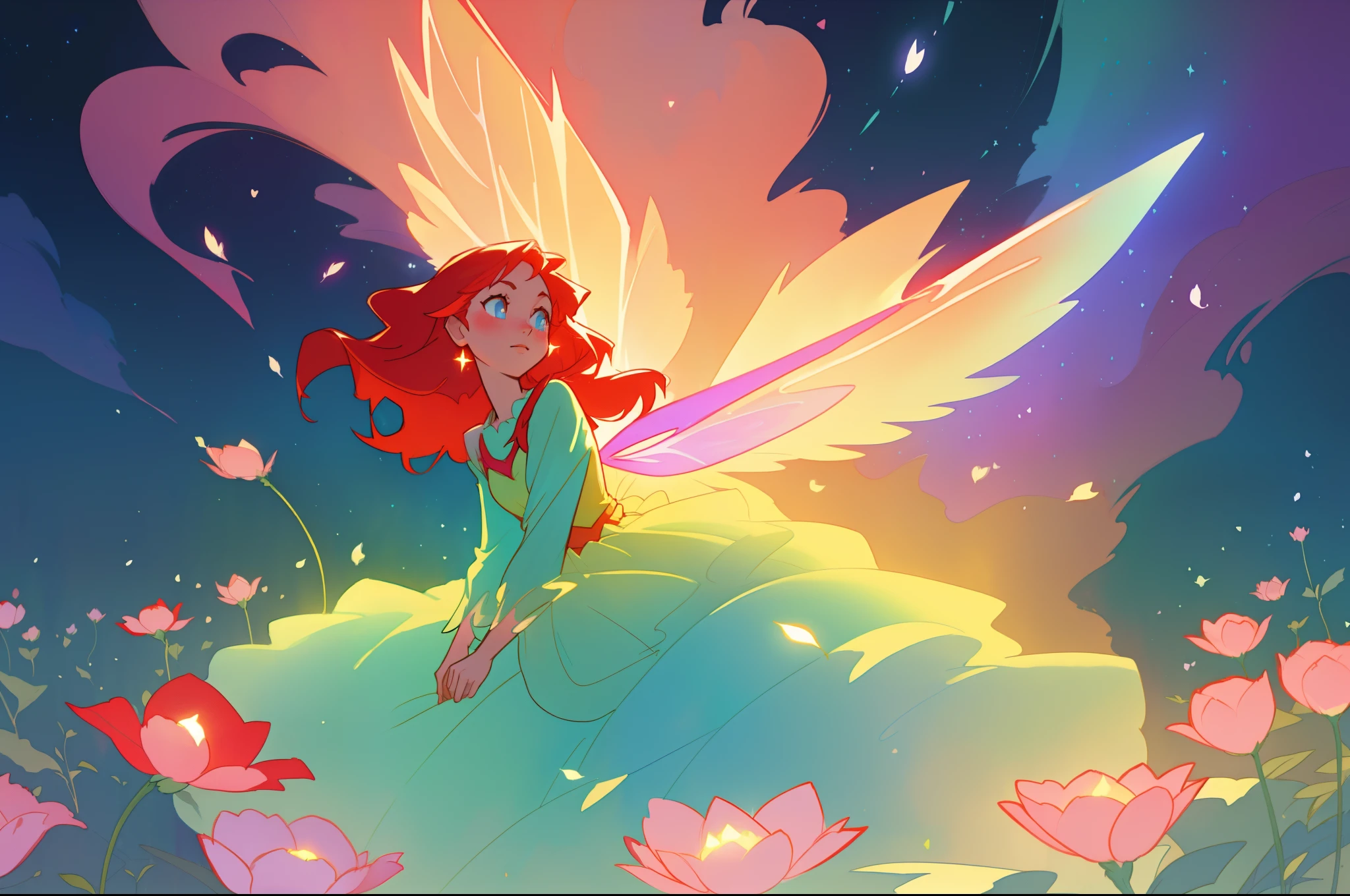 beautiful girl in flowing layered puff long sleeve ballgown, (large fairy wings), glowing flowing ballgown, glowing red hair, sparkling fairy wings, watercolor illustration, flowers and colorful plants, inspired by Glen Keane, inspired by Lois van Baarle, disney art style, by Lois van Baarle, glowing aura around her, by Glen Keane, jen bartel, glowing lights! digital painting, flowing glowing hair, glowing flowing hair, beautiful digital illustration, fantasia otherworldly landscape plants flowers, beautiful, masterpiece, best quality, anime disney style
