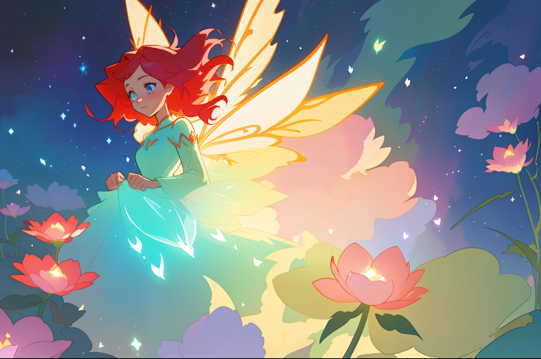 beautiful girl in flowing layered puff long sleeve ballgown, (large fairy wings), glowing flowing ballgown, glowing red hair, sparkling fairy wings, watercolor illustration, flowers and colorful plants, inspired by Glen Keane, inspired by Lois van Baarle, disney art style, by Lois van Baarle, glowing aura around her, by Glen Keane, jen bartel, glowing lights! digital painting, flowing glowing hair, glowing flowing hair, beautiful digital illustration, fantasia otherworldly landscape plants flowers, beautiful, masterpiece, best quality, anime disney style