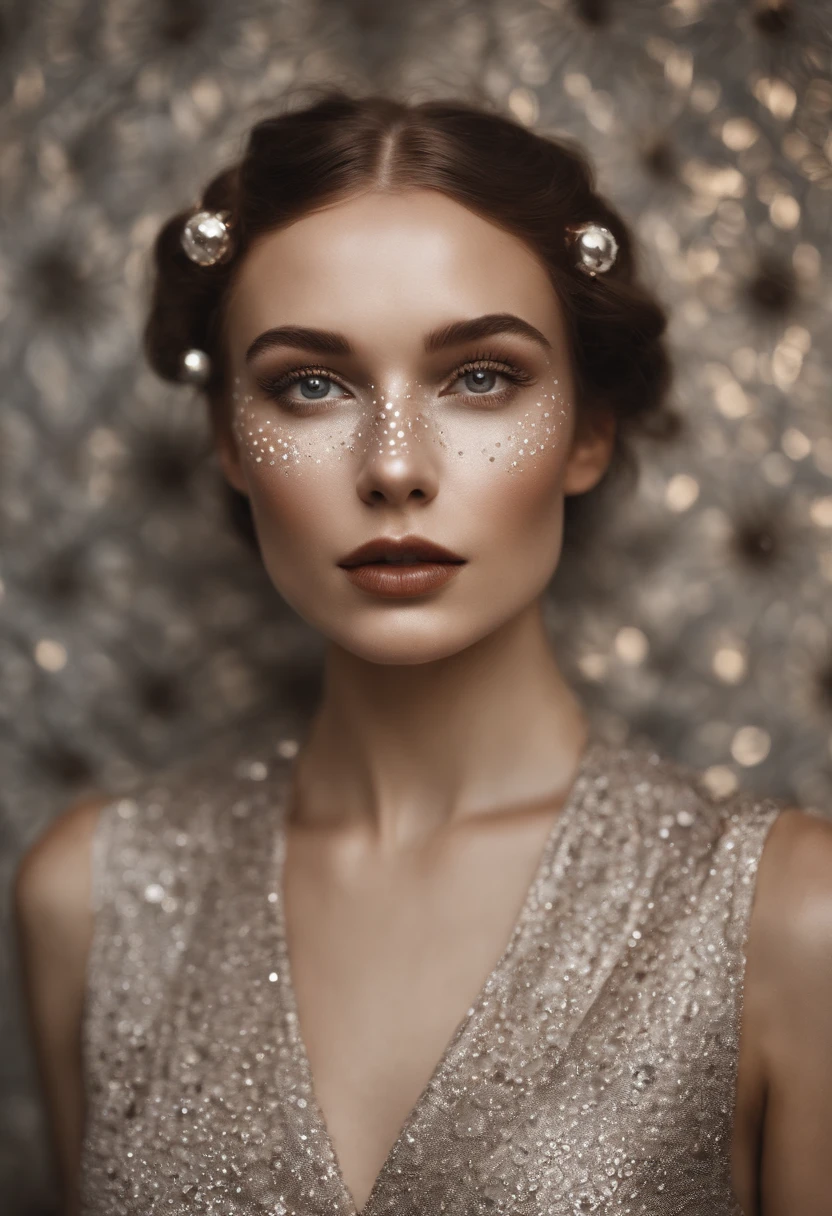 a woman is posing with freckled circles on her face, in the style of franciszek starowieyski, light silver and dark brown, skillful lighting, ivanovich pimenov, dino valls, polka dots, fairycore --ar 69:128 --s 750 --v 5.2