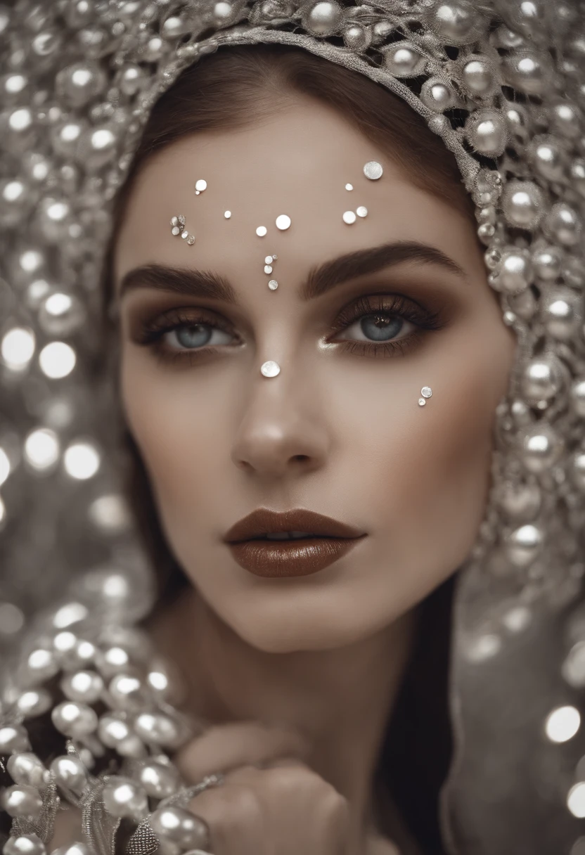 a woman is posing with freckled circles on her face, in the style of franciszek starowieyski, light silver and dark brown, skillful lighting, ivanovich pimenov, dino valls, polka dots, fairycore --ar 69:128 --s 750 --v 5.2