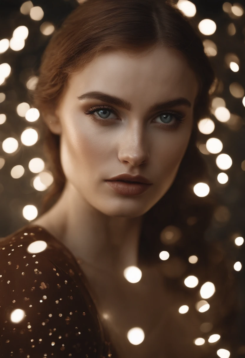 a woman is posing with freckled circles on her face, in the style of franciszek starowieyski, light silver and dark brown, skillful lighting, ivanovich pimenov, dino valls, polka dots, fairycore --ar 69:128 --s 750 --v 5.2