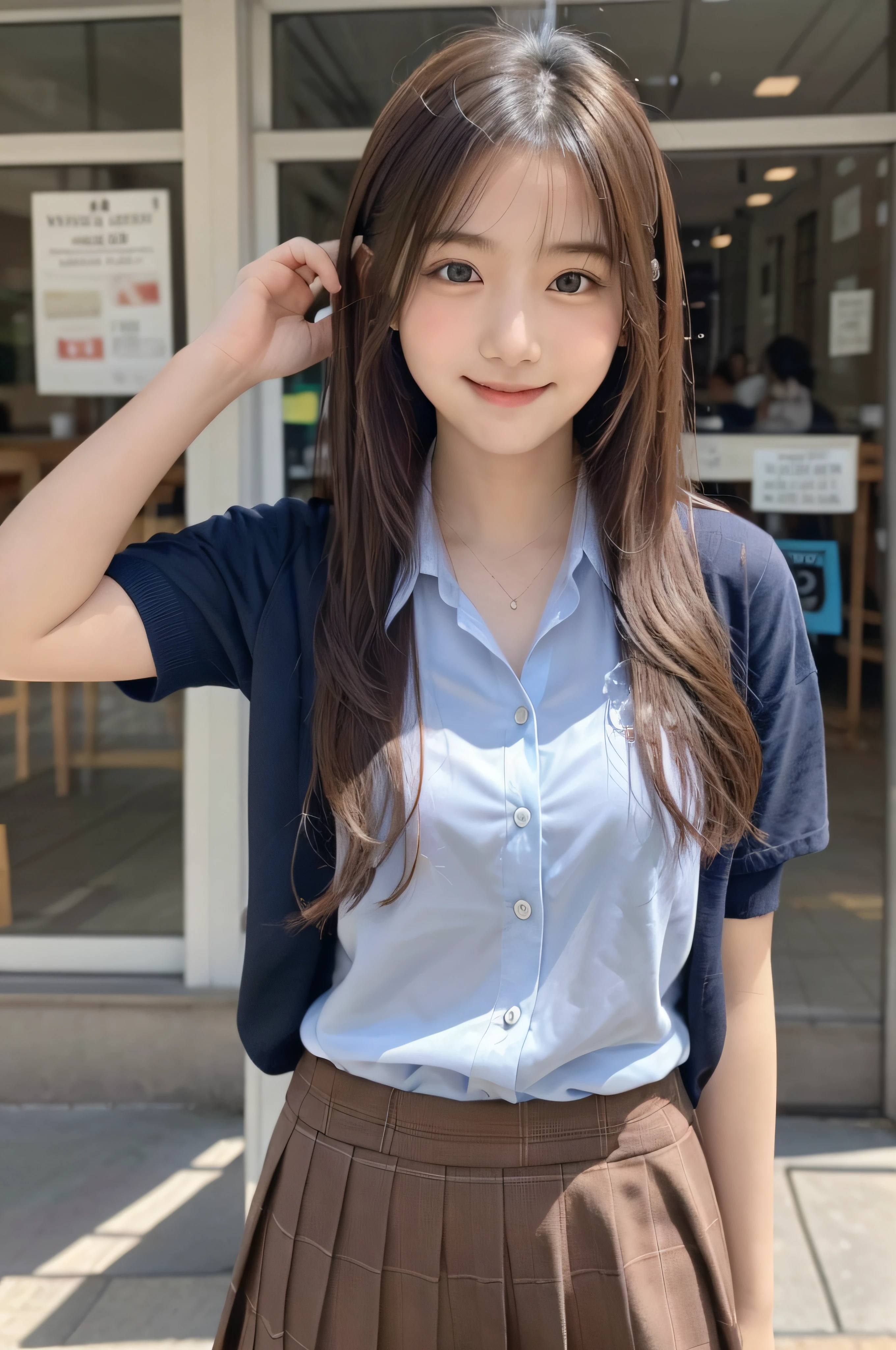 、soio、brown haired、beautidful eyes、real looking skin、A detailed eye、hi-school girl、(8K、masterpiece)、(reallistic、Photorealsitic)、top-quality、ighly detailed、The ultra-detailliert、Beautie、cute little、japanes、a smile、Close-up portrait、Healthy face、schools、School uniform、Cardigan、plaid skirts