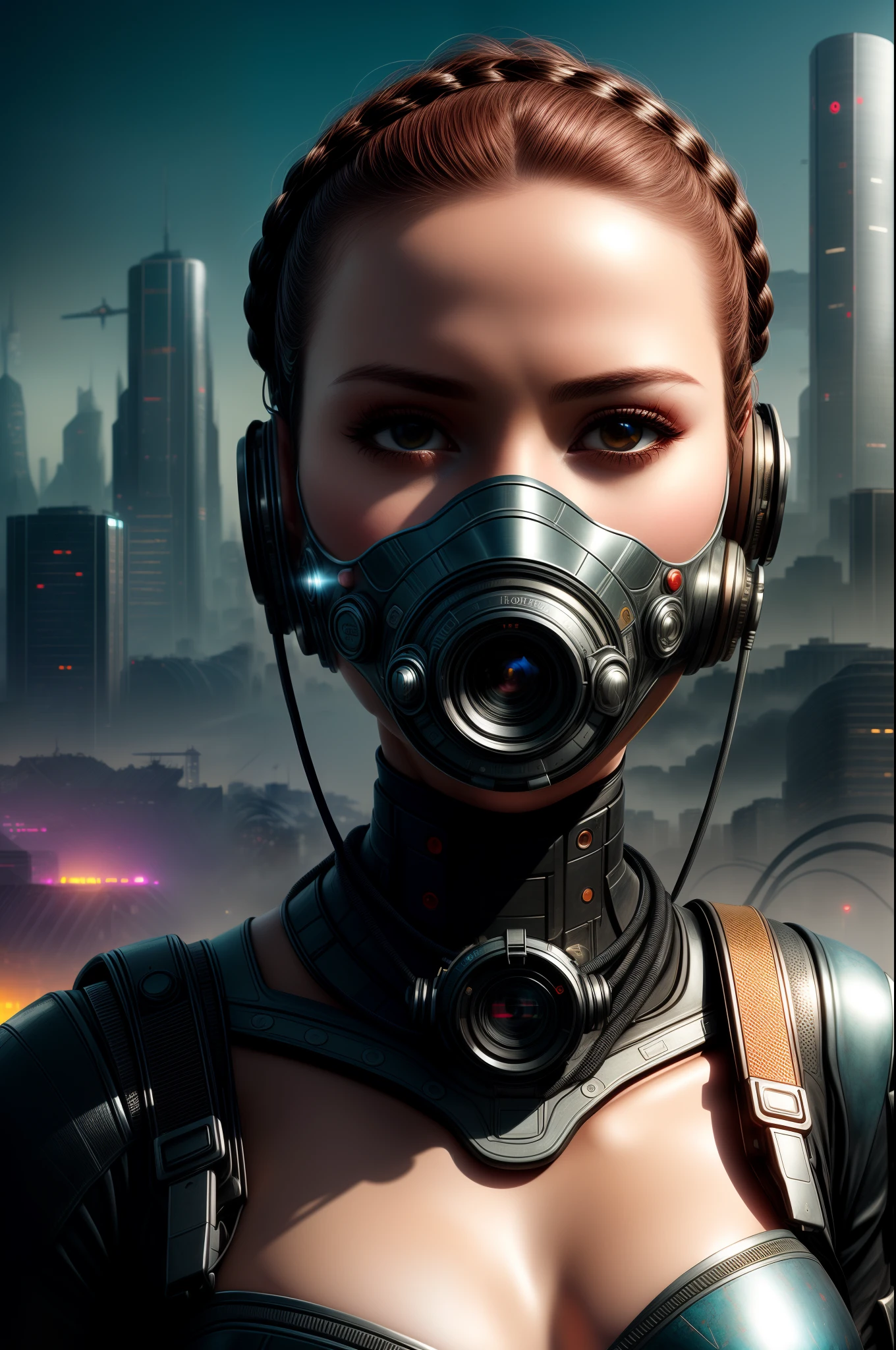 closeup portrait , Metal cyborg cyberpunk sexy woman,
Pretty big breasts, Thin body, Narrow waist, (Large metals ),
short braided hair, ((((One))) Red star on the forehead), Metallic skin, with no face,Smooth reflective opaque breathing mask,Hide hands,
((((Futuristic cityscape with Soviet aesthetics as a backdrop)))),
From a dystopian future, She represents the frontier of conceptual art, Unite the strength and ambition of a new era, photorealistic paintings , Intricate, 8K, ((Highly detailed skin)), Digital painting, Intense, Sharp focus,
Art by Artgerm and Rutkowski ,
CGSesociety, in full height,
primitive, analogue style, 1girll, *subject*, 8K, Ultra HD, Digital SLR, High quality, filmgrain, Fujifilm XT3