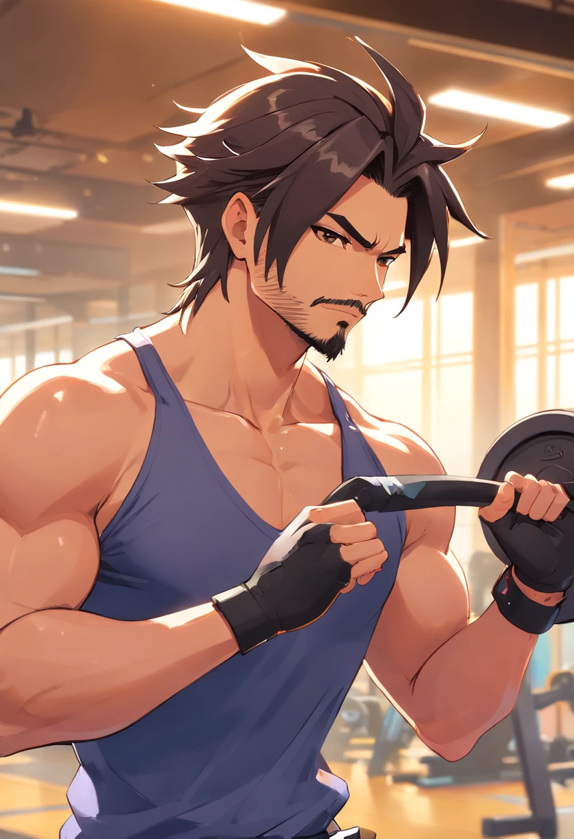 Hanzo Overwatch working out in a bodybuilding gym, well-defined muscles, focus in muscles, detailed biceps and triceps, cabelo perfeito, rosto perfeito, perfect hands, dedos perfeitos
