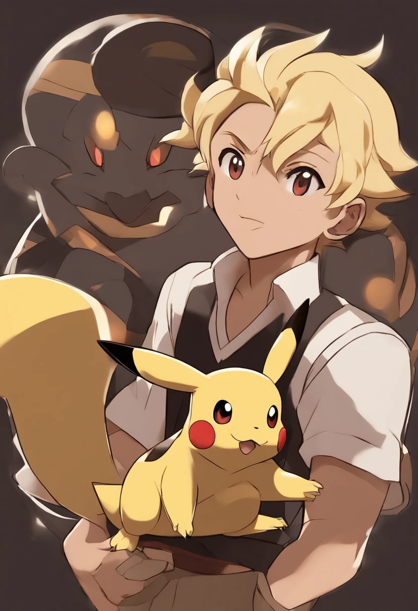 Create an anime-style illustration of a male Pokémon trainer with intricate details. The trainer should bear a striking resemblance to Champion Cynthia from the Pokémon series, with (((blond hair))), (((brown eyes))), and (((dark skin))). He should be holding a Pokéball in his hand. The artwork should be in the style of the Pokémon anime series, featuring (((high-quality))) and (((extreme detail))) to capture the essence of the Pokémon world. Ensure the trainer's appearance reflects the elegance and strength associated with Cynthia. Incorporate textures and colors consistent with the Pokémon anime aesthetic. Three related artists for this style are Ken Sugimori, Yusuke Kozaki, and Atsuko Nishida."