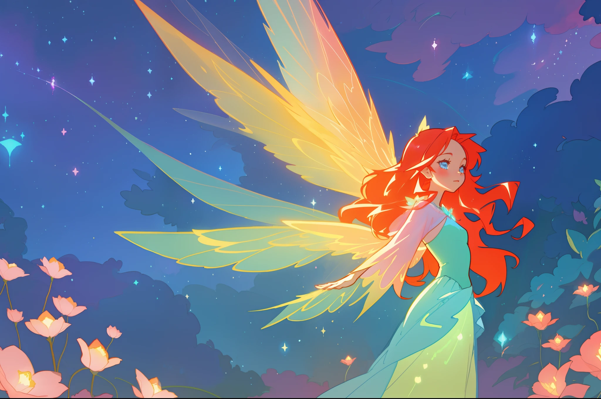 beautiful girl in flowing layered puff long sleeve ballgown, (large fairy wings), glowing flowing ballgown, glowing red hair, sparkling fairy wings, watercolor illustration, flowers and colorful plants, inspired by Glen Keane, inspired by Lois van Baarle, disney art style, by Lois van Baarle, glowing aura around her, by Glen Keane, jen bartel, glowing lights! digital painting, flowing glowing hair, glowing flowing hair, beautiful digital illustration, fantasia otherworldly landscape plants flowers, beautiful, masterpiece, best quality, anime disney style
