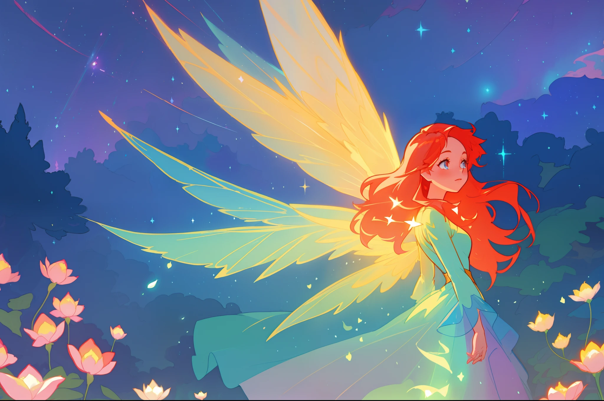 beautiful girl in flowing layered puff long sleeve ballgown, (large fairy wings), glowing flowing ballgown, glowing red hair, sparkling fairy wings, watercolor illustration, flowers and colorful plants, inspired by Glen Keane, inspired by Lois van Baarle, disney art style, by Lois van Baarle, glowing aura around her, by Glen Keane, jen bartel, glowing lights! digital painting, flowing glowing hair, glowing flowing hair, beautiful digital illustration, fantasia otherworldly landscape plants flowers, beautiful, masterpiece, best quality, anime disney style