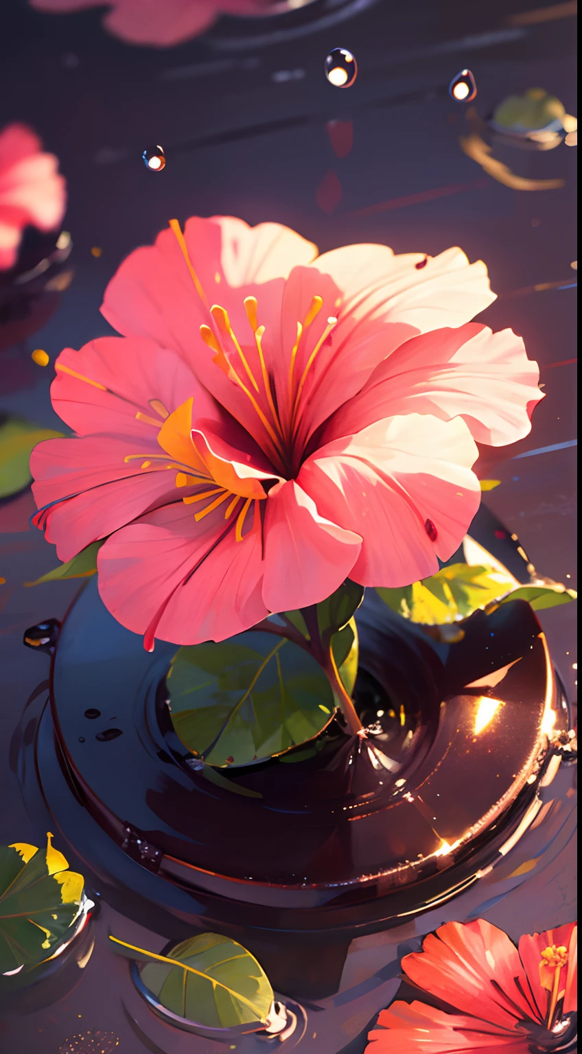 hibiscus Moon with water drops,neon glow, random background, sun rise, bokha mood