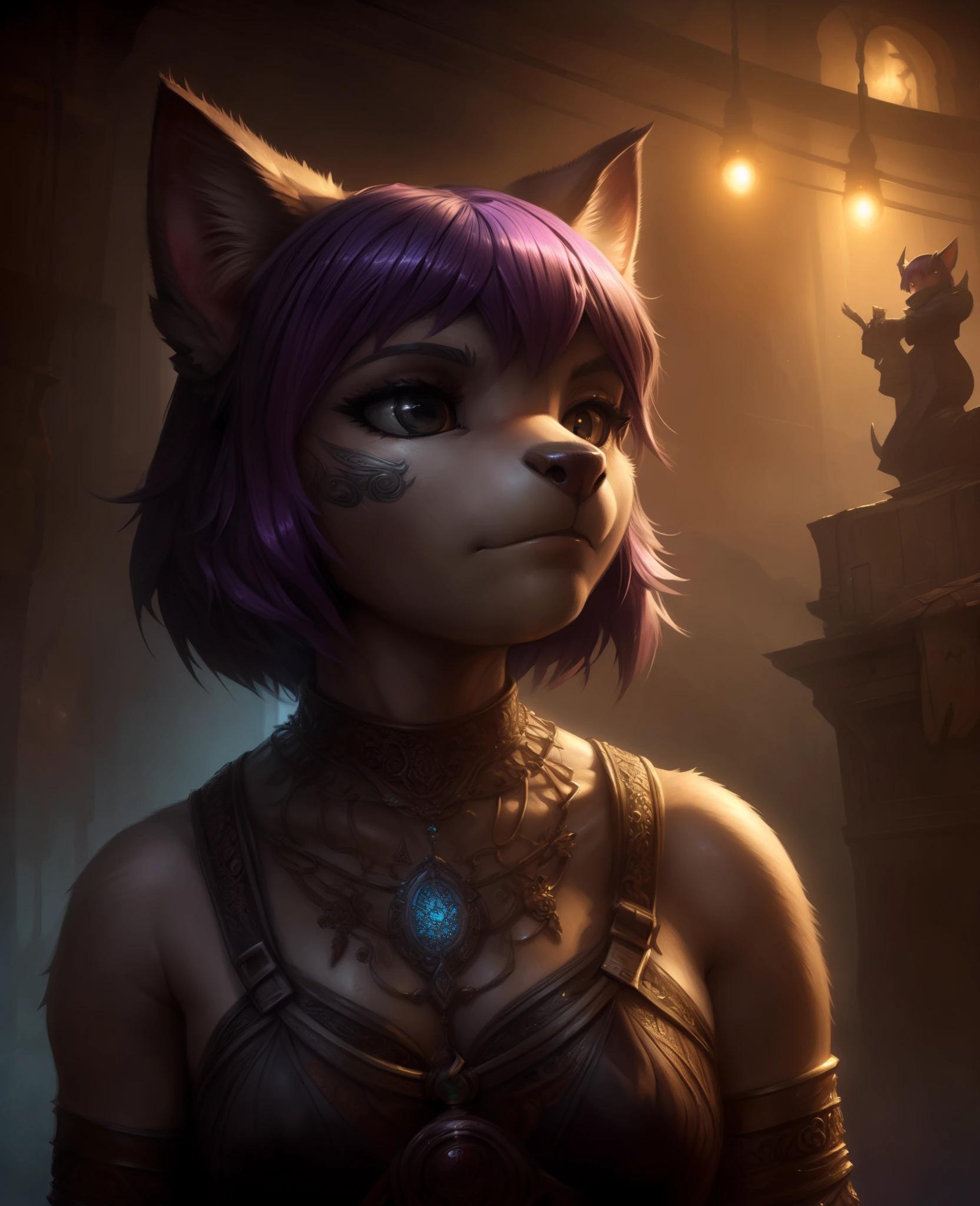 (dark shot:1.1), epic realistic, Masyunya
digital art, furry girl, purple hair, HDR, cartoon style
 by rutkowski, by Android Jones, [by Ismail Inceoglu :: 0.3], detailed, (intricate details:0.9), (hdr, hyperdetailed:1.2), rutkowski, intricate digital art, soothing tones, (cartoon:0.3), (art:1.4), epic realistic, faded, neutral colors, (hdr:1.4), (muted colors:1.4), (intricate), (artstation:1.99), dramatic, intricate details, (technicolor:0.9), detailed, intricate, cinematic, detailed, faded, (neutral colors:1.2), (hdr:1.4), (muted colors:1.2), hyperdetailed, (artstation:1.4), cinematic, warm lights, dramatic light, (intricate details:1.1), complex background, (rutkowski:0.66), (teal and orange:0.4)