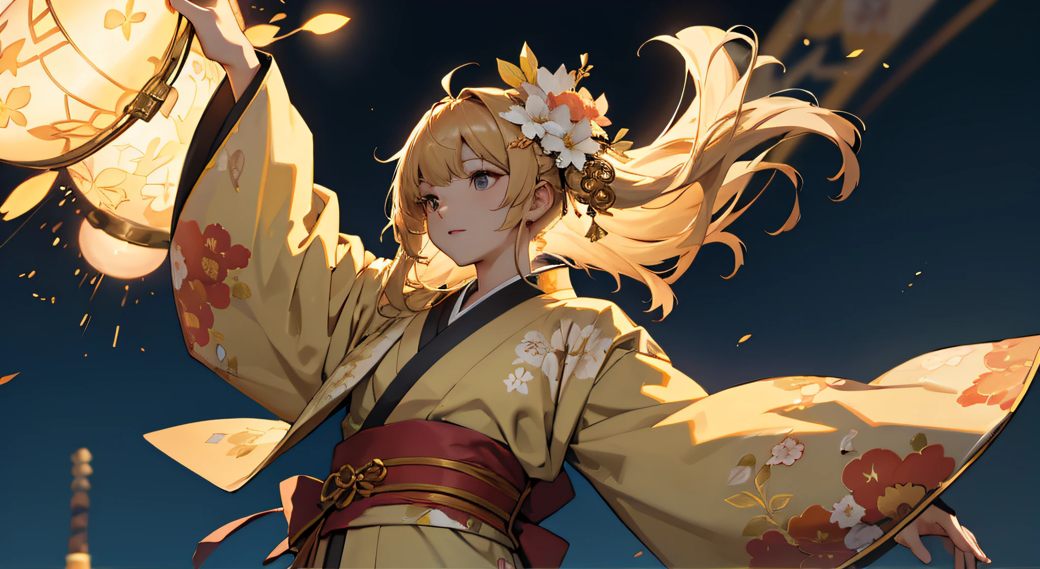 ((masterpiece)),((top-quality))、Original Characters、Gold coat color、Kimono、Floral hair ornament、I have bangs.、Arms outstretched、Flowing in the wind、Working with Lights