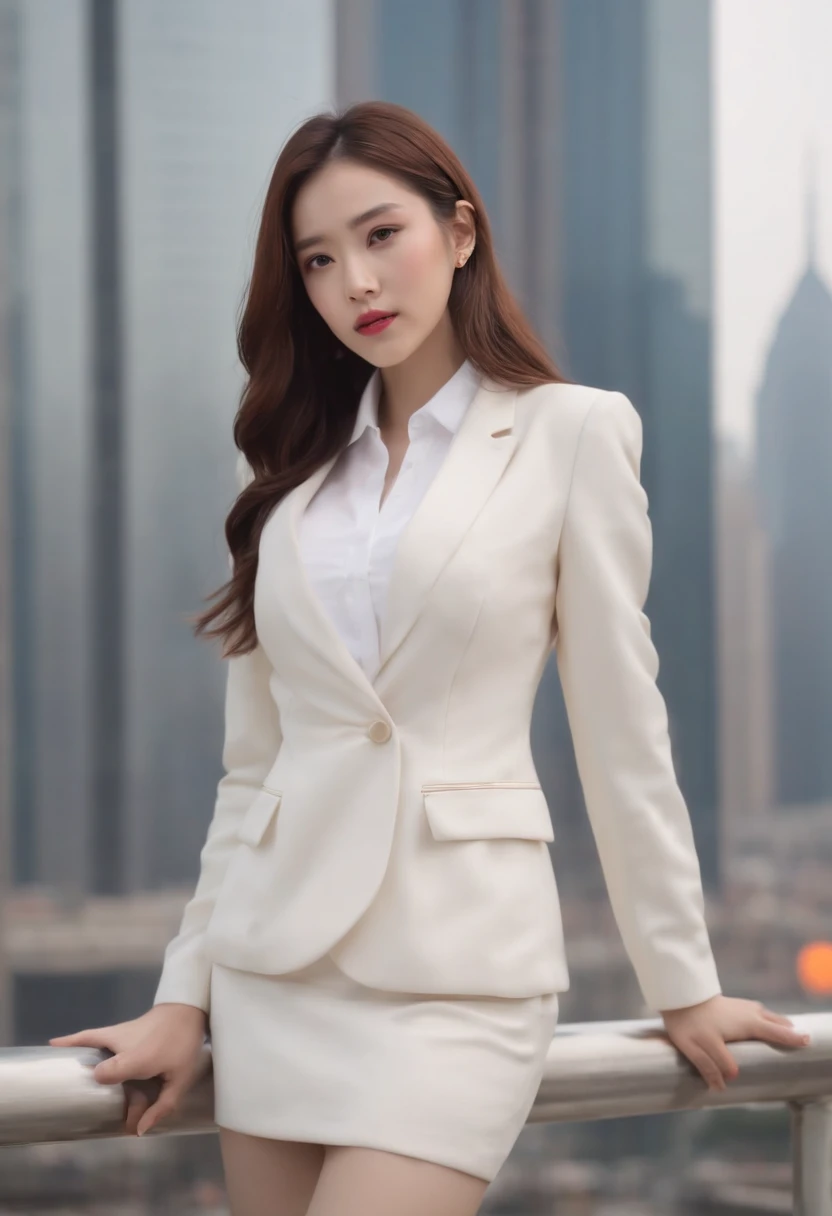 A perfect female white-collar worker in her 20s，((Full-body standing))，Chinese or Korean models，High Picture Quality，Works of masters，Long flowing hair，Small white suit suit，The shirt，Short skirt，lacepantyhose，Skin tone stockings，high-heels，Real Persono，Background: Street view of Lujiazui high-rise buildings in Pudong, Shanghai，CG rendering，16K。