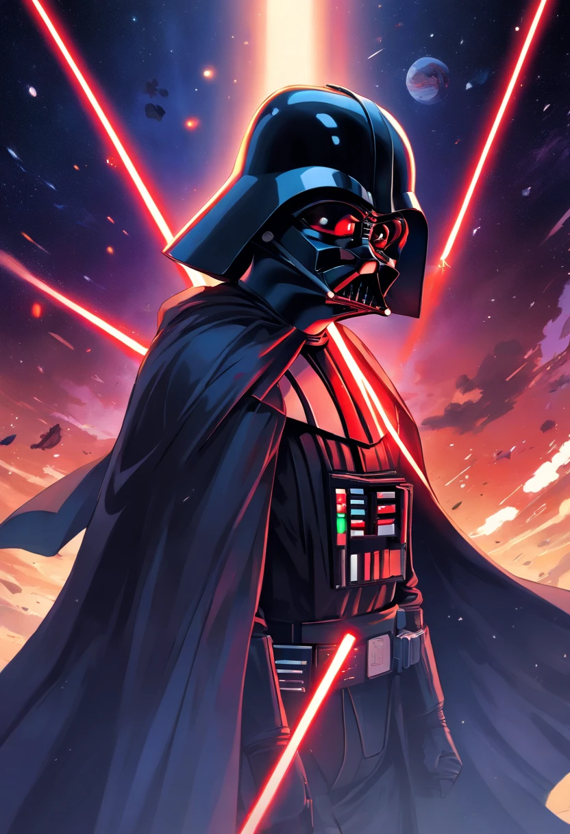 Darth Vader, ((masculino)), retrato, lado escuro, sabre de luz vermelho brilhante, olhos intensos, voz grave, figura imponente, terno fortemente blindado, Cabo Ondulante, Senhor Sith, capacete, WMASK, heavy breathing, mechanical limbs, Guerra nas Estrelas, scientific fiction, dramatic lighting, preto e branco, sombras contrastantes, Evil, power, dominance, iconic character, Iconic pose, galaxy, space, menacing presence, force throttling, Villain, Pai de Luke Skywalker, tragic hero, redemption, Iconic quotes. (best quality, ultra-detalhado, fotorrealista, HDR), (artistas conceituais), cores vibrantes.