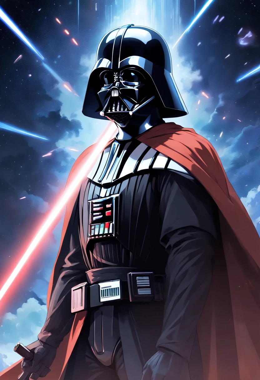 Darth Vader, ((masculino)), retrato, lado escuro, sabre de luz vermelho brilhante, olhos intensos, voz grave, figura imponente, terno fortemente blindado, Cabo Ondulante, Senhor Sith, capacete, WMASK, heavy breathing, mechanical limbs, Guerra nas Estrelas, scientific fiction, dramatic lighting, preto e branco, sombras contrastantes, Evil, power, dominance, iconic character, Iconic pose, galaxy, space, menacing presence, force throttling, Villain, Pai de Luke Skywalker, tragic hero, redemption, Iconic quotes. (best quality, ultra-detalhado, fotorrealista, HDR), (artistas conceituais), cores vibrantes.