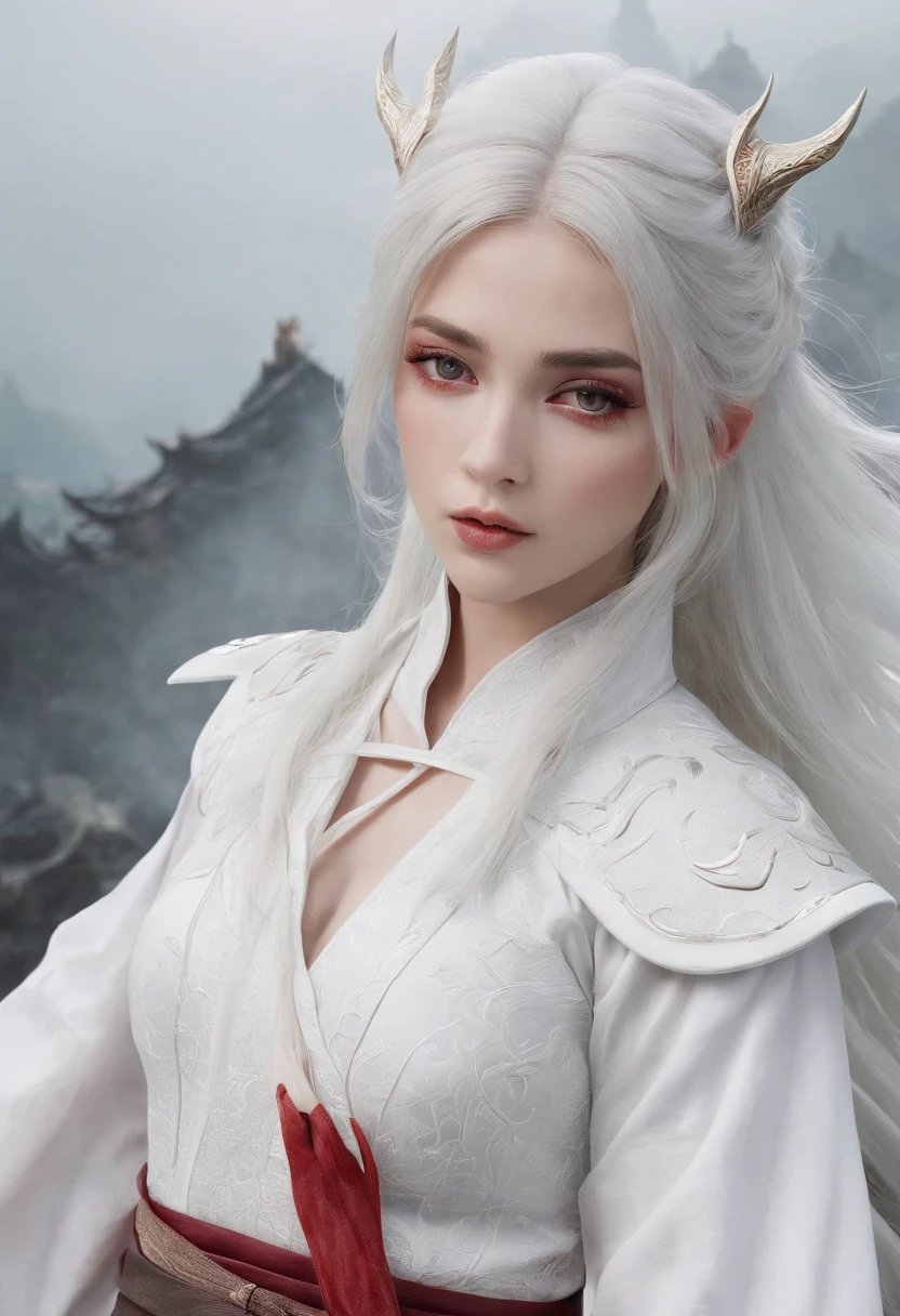 Cirilla Fiona Elen Riannon，动态照明，art  stations，poster for，Volumetriclighting，Very detailed faces，4k wallpapers，He has a delicate and beautiful face，long hair flowing，horse tailed，Fringed Hair Ornament，Dynamic perspective，White Hanfu，White gauze flying，red waistband，Sexy，Tradition Chinese Ink Painting，Surrounded by clouds，fog atmosphere，Ride a white dragon，White dragon horn，dynamic viewing angle，电影灯光