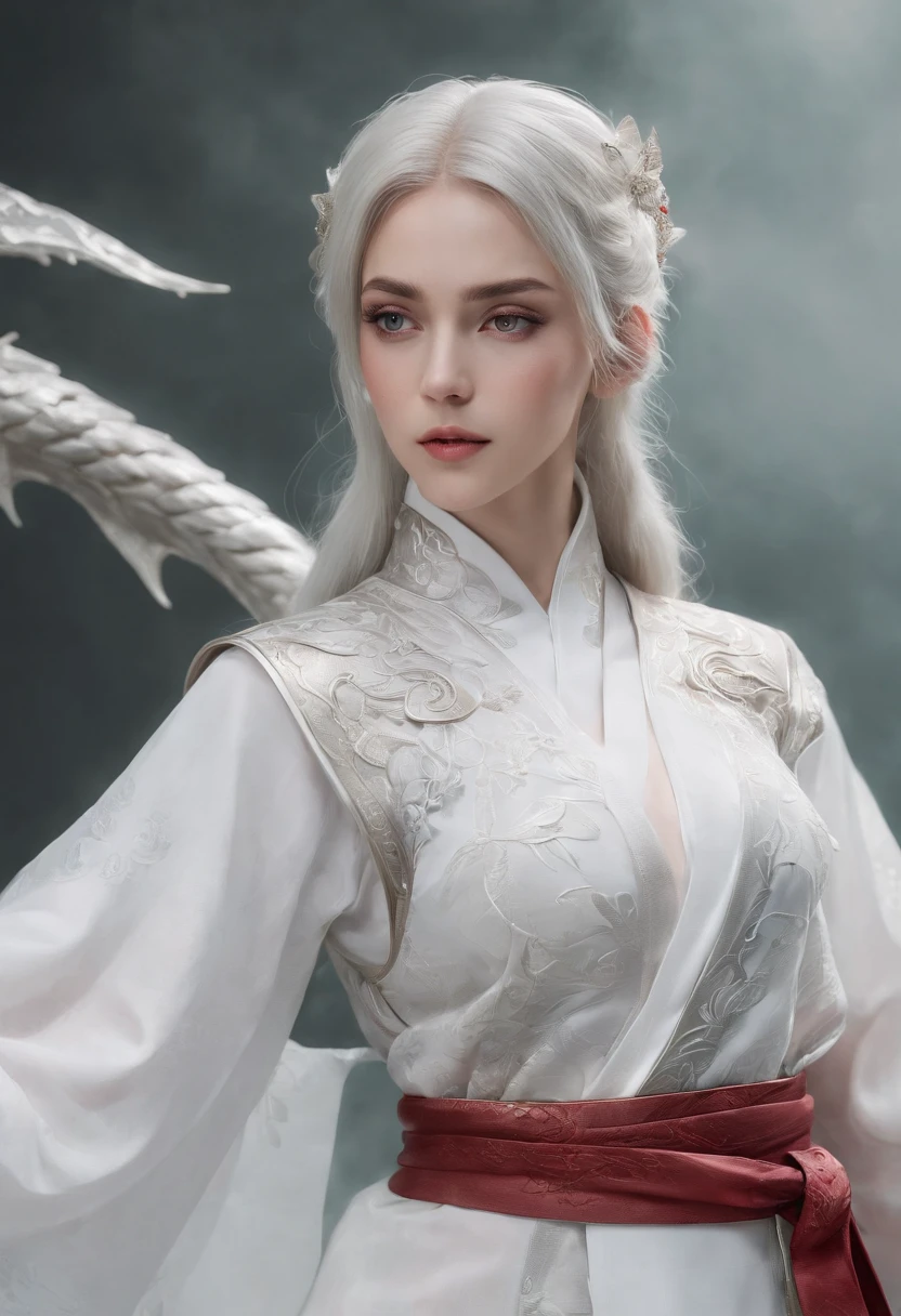 Cirilla Fiona Elen Riannon,动态照明,art stations,poster for,Volumetriclighting,Very detailed faces,4k wallpapers,He has a delicate and beautiful face,long hair flowing,horse tailed,Fringed Hair Ornament,Dynamic perspective,White Hanfu,White gauze flying,red waistband,Sexy,Tradition Chinese Ink Painting,Surrounded by clouds,fog atmosphere,Ride a white dragon,White dragon horn,dynamic viewing angle,电影灯光