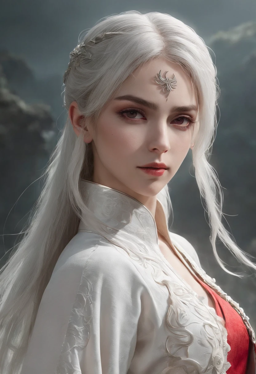 Cirilla Fiona Elen Riannon，动态照明，art  stations，poster for，Volumetriclighting，Very detailed faces，4k wallpapers，He has a delicate and beautiful face，long hair flowing，horse tailed，Fringed Hair Ornament，Dynamic perspective，White Hanfu，White gauze flying，red waistband，Sexy，Tradition Chinese Ink Painting，Surrounded by clouds，fog atmosphere，Ride a white dragon，White dragon horn，dynamic viewing angle，电影灯光