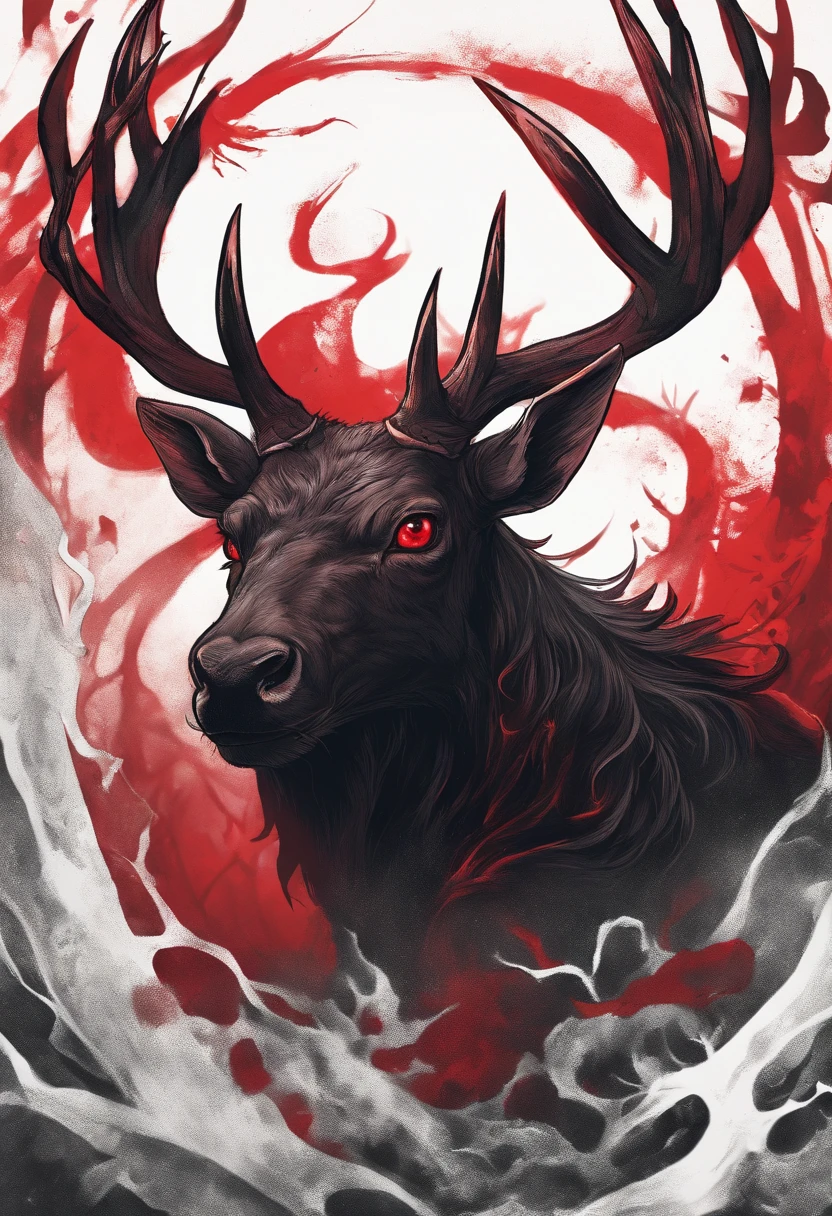 a detailed anime drawing of a huge strong ((black)) male deer with ((deep red eyes)) that gives off a dangerous aura with large dangerous antlers getting ready to attack