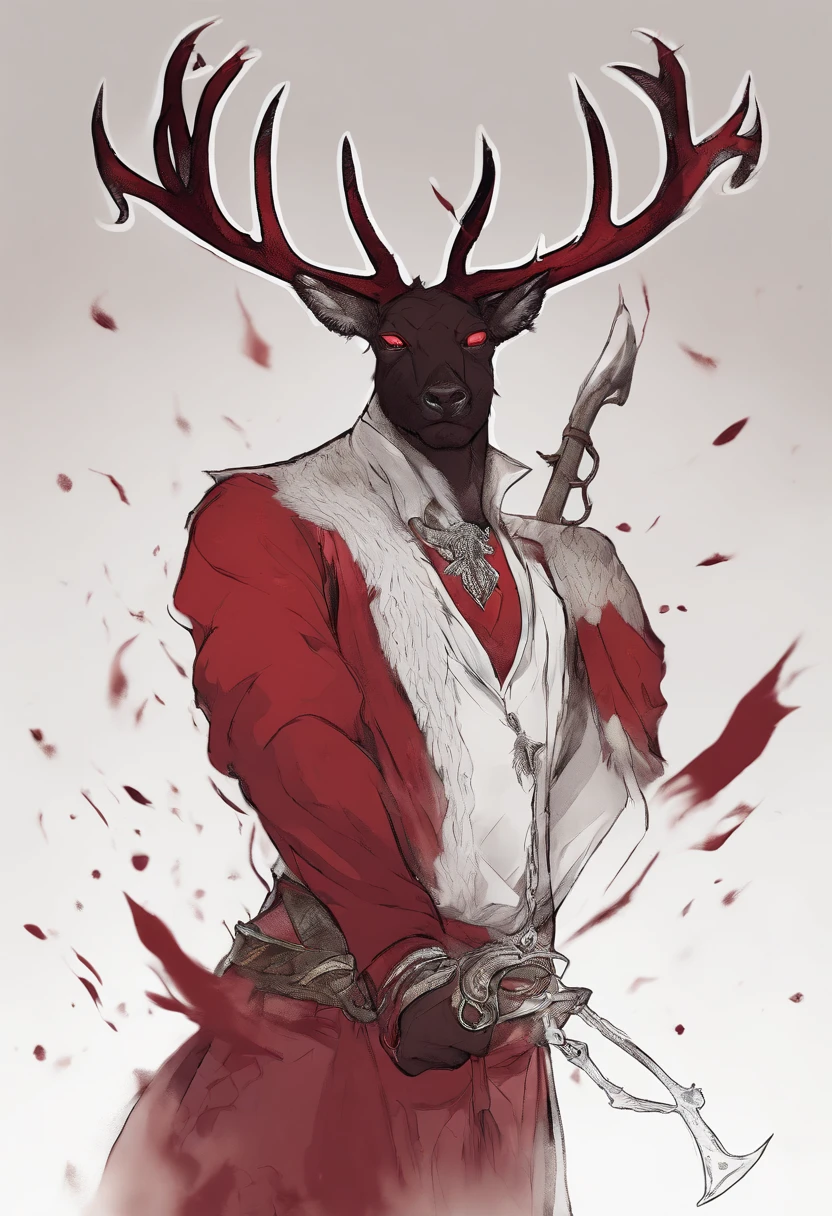 a detailed anime drawing of a huge strong ((black)) male deer with ((deep red eyes)) that gives off a dangerous aura with large dangerous antlers getting ready to attack