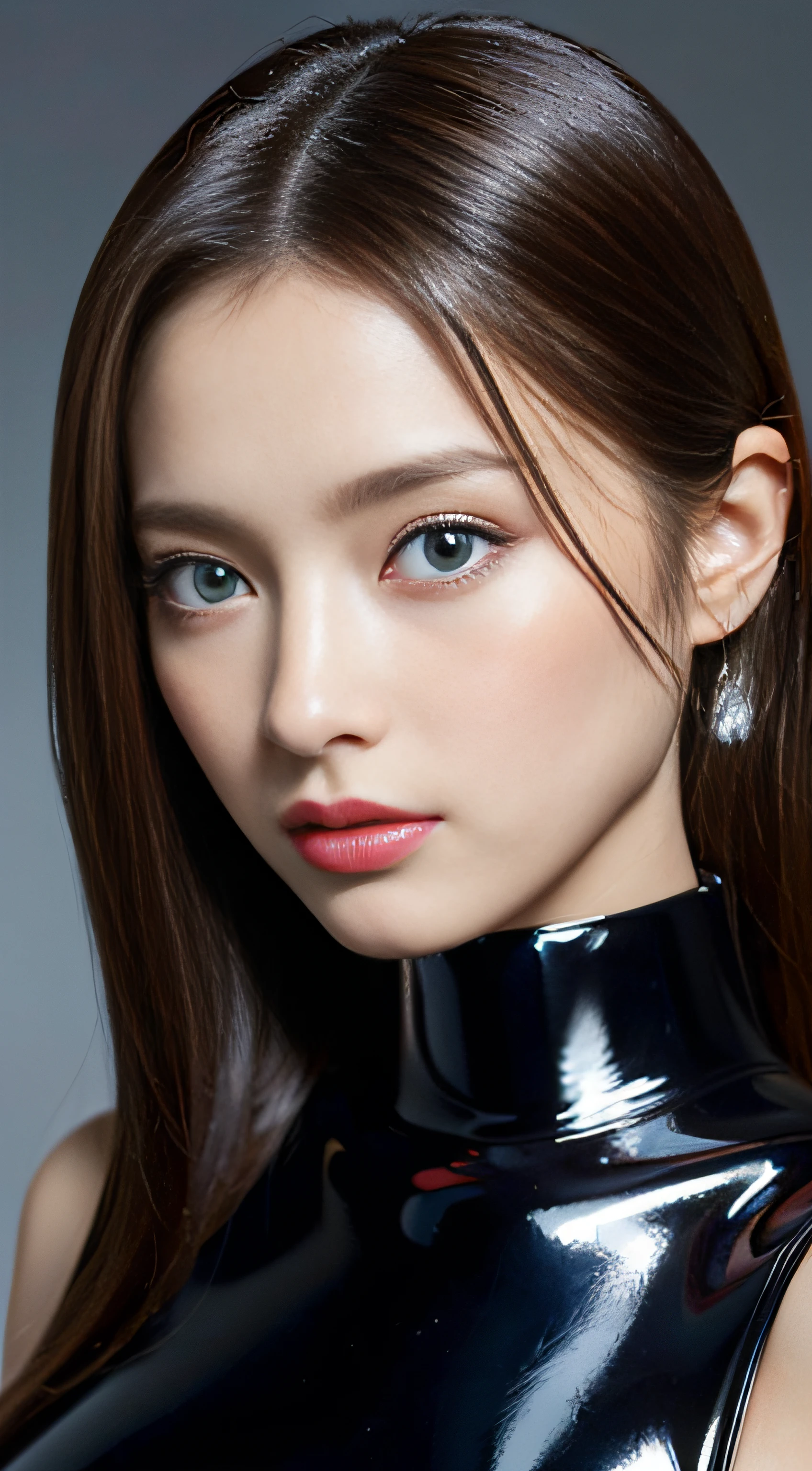 (((32K,very high res, high detailing, highly accurate,Masterpiece Girl 1))),Raw photo & realistic atmosphere,beautiful dark blue eyes,Detailed mouth,Glossy lips,Detailed eyebrows,Soft white skin that shines with every detail,,Eyes drawn in detail、Very beautiful eyes with azure eyes,Detailed lips、Very beautiful face,Very well-formed face、Lifelike face,shiny beautiful lips,Beautiful eyebrows,Infinite reality,Best design, ((Latex Bodysuit Red))