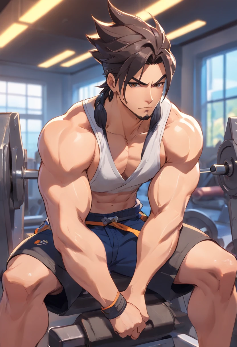 Hanzo Overwatch working out in a bodybuilding gym, well-defined muscles, focus in muscles, detailed biceps and triceps, cabelo perfeito, rosto perfeito, perfect hands, dedos perfeitos