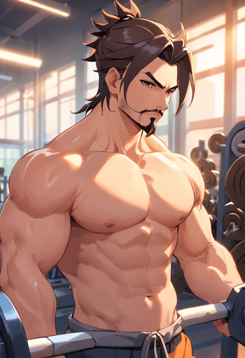 Hanzo Overwatch working out in a bodybuilding gym, well-defined muscles, focus in muscles, detailed biceps and triceps, cabelo perfeito, rosto perfeito, perfect hands, dedos perfeitos