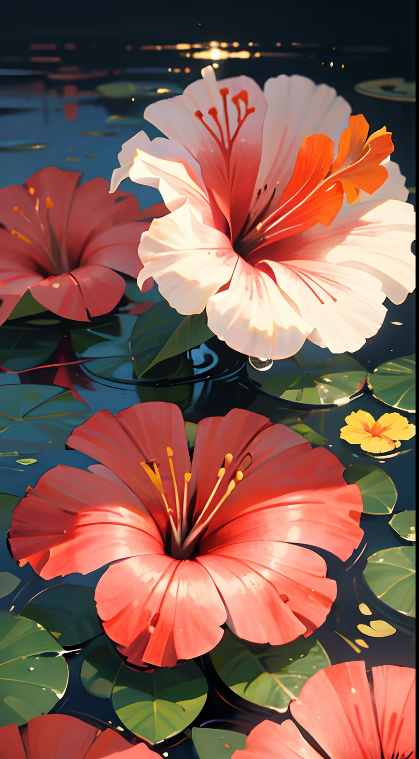 hibiscus Moon with water drops,neon glow, random background, sun rise, bokha mood