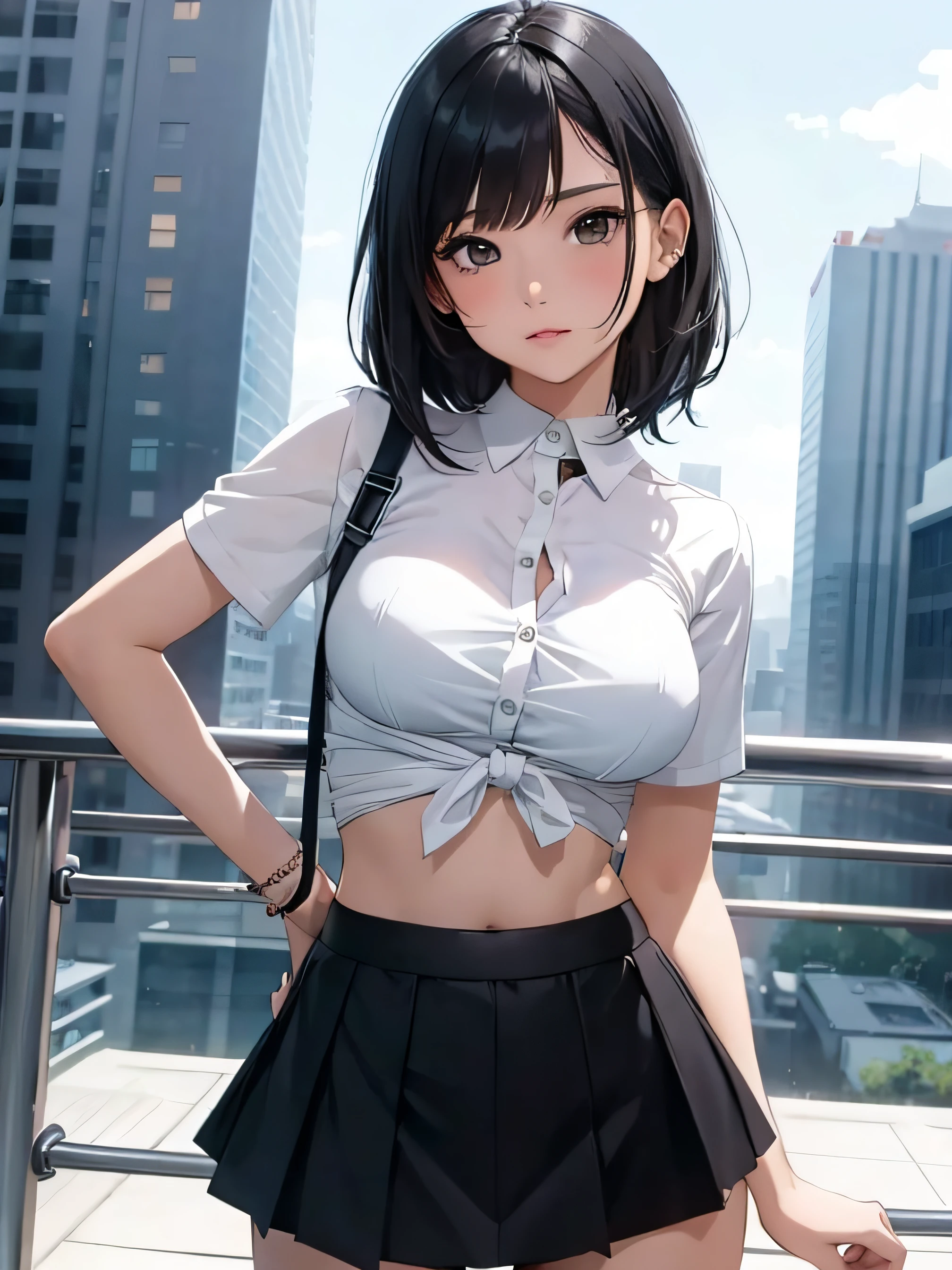 a girl with low-cut shirt, medium breasts, shorts, mini skirt, flared skirt, flirtatious look, very well detailed, cityscape or academy, black hair,