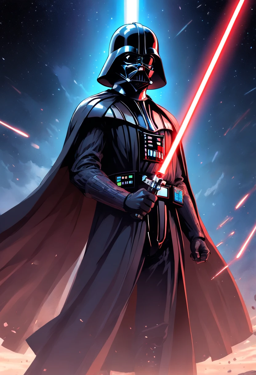 Darth Vader, ((masculino)), retrato, lado escuro, sabre de luz vermelho brilhante, olhos intensos, voz grave, figura imponente, terno fortemente blindado, Cabo ondulado, Senhor Sith, capacete, WMASK, heavy breathing, mechanical limbs, guerra nas estrelas, scientific fiction, dramatic lighting, Preto e branco, sombras contrastantes, Evil, power, dominance, iconic character, Iconic pose, galaxy, space, menacing presence, force limitation, Villain, Pai de Luke Skywalker, tragic hero, redemption, Iconic quotes. (best quality, ultra-detalhado, fotorrealista, HDR), (artistas conceituais), cores vibrantes.