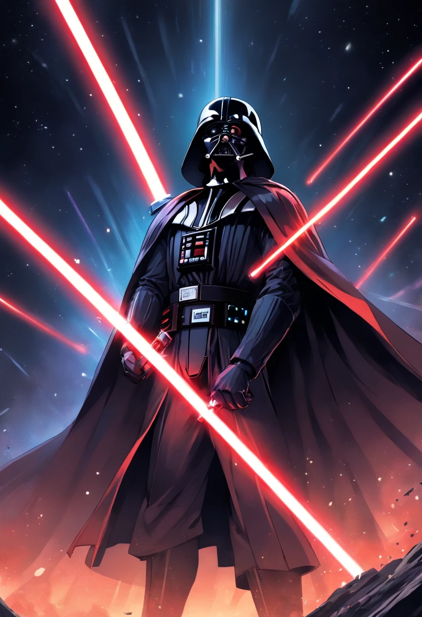 Darth Vader, ((masculino)), retrato, lado escuro, sabre de luz vermelho brilhante, olhos intensos, voz grave, figura imponente, terno fortemente blindado, Cabo ondulado, Senhor Sith, capacete, WMASK, heavy breathing, mechanical limbs, guerra nas estrelas, scientific fiction, dramatic lighting, Preto e branco, sombras contrastantes, Evil, power, dominance, iconic character, Iconic pose, galaxy, space, menacing presence, force limitation, Villain, Pai de Luke Skywalker, tragic hero, redemption, Iconic quotes. (best quality, ultra-detalhado, fotorrealista, HDR), (artistas conceituais), cores vibrantes.