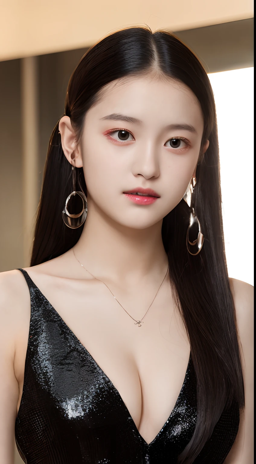 ((14 year old pre- girl)), tiny black dress with square neckline, cleavage breasts, black tights to the waist, high heels, close-up, very light skin, very long hair, pigtail hairstyle, shopping mall , photorealistic, indirect lighting, volumetric light, ray tracing, hyperdetailed