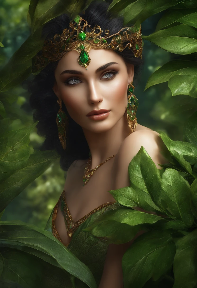 an elegant face and green leaves on a canvas, in the style of epic fantasy scenes, daz3d, ruth sanderson, intricate costumes, eye-catching detail, gemstone, anime aesthetic --ar 9:16 --s 750 --v 5.2