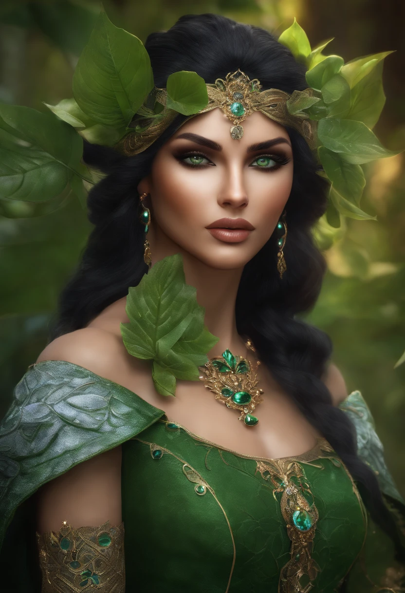 an elegant face and green leaves on a canvas, in the style of epic fantasy scenes, daz3d, ruth sanderson, intricate costumes, eye-catching detail, gemstone, anime aesthetic --ar 9:16 --s 750 --v 5.2