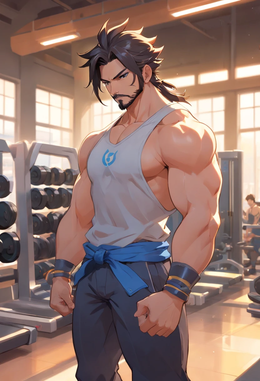 hanzo Overwatch, Picking up heavy in a bodybuilding gym, well-defined muscles, perfect biceps, focus in muscles, incredible details