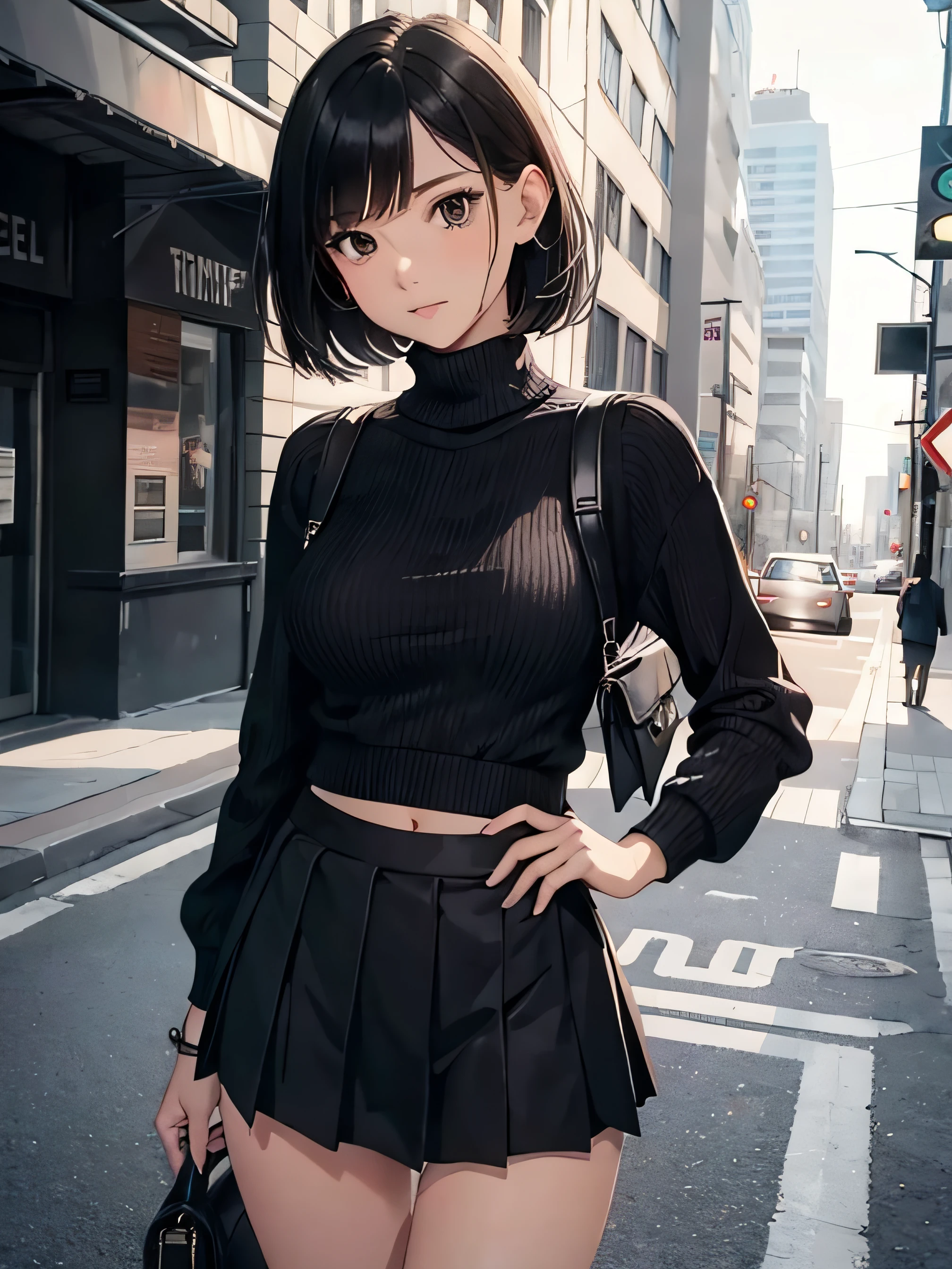 a girl with low-cut sweater, medium breasts, shorts, mini skirt, pleated skirt, flirty look, very well detailed, cityscape or academy, black hair,