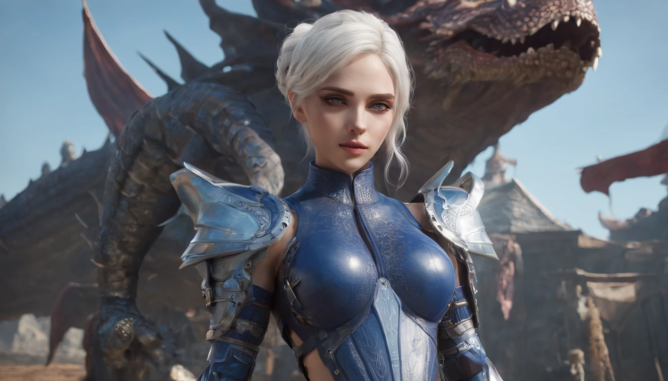 Cirilla Fiona Elen Riannon,Highest image quality,Outstanding details,超高分辨率,(Fidelity:1.4), Favor the details,closeup cleavage,Ride a dragon,High-tech dragon knight mech,He has a delicate and beautiful face,((Blue-white flying semi-mechanical fuselage:1.8)),Raised sexy,frontage,Cidade futuristica,mechanically aesthetic,Virtual Engine 5,Perfect detail rendering,rendering by octane,hyper HD