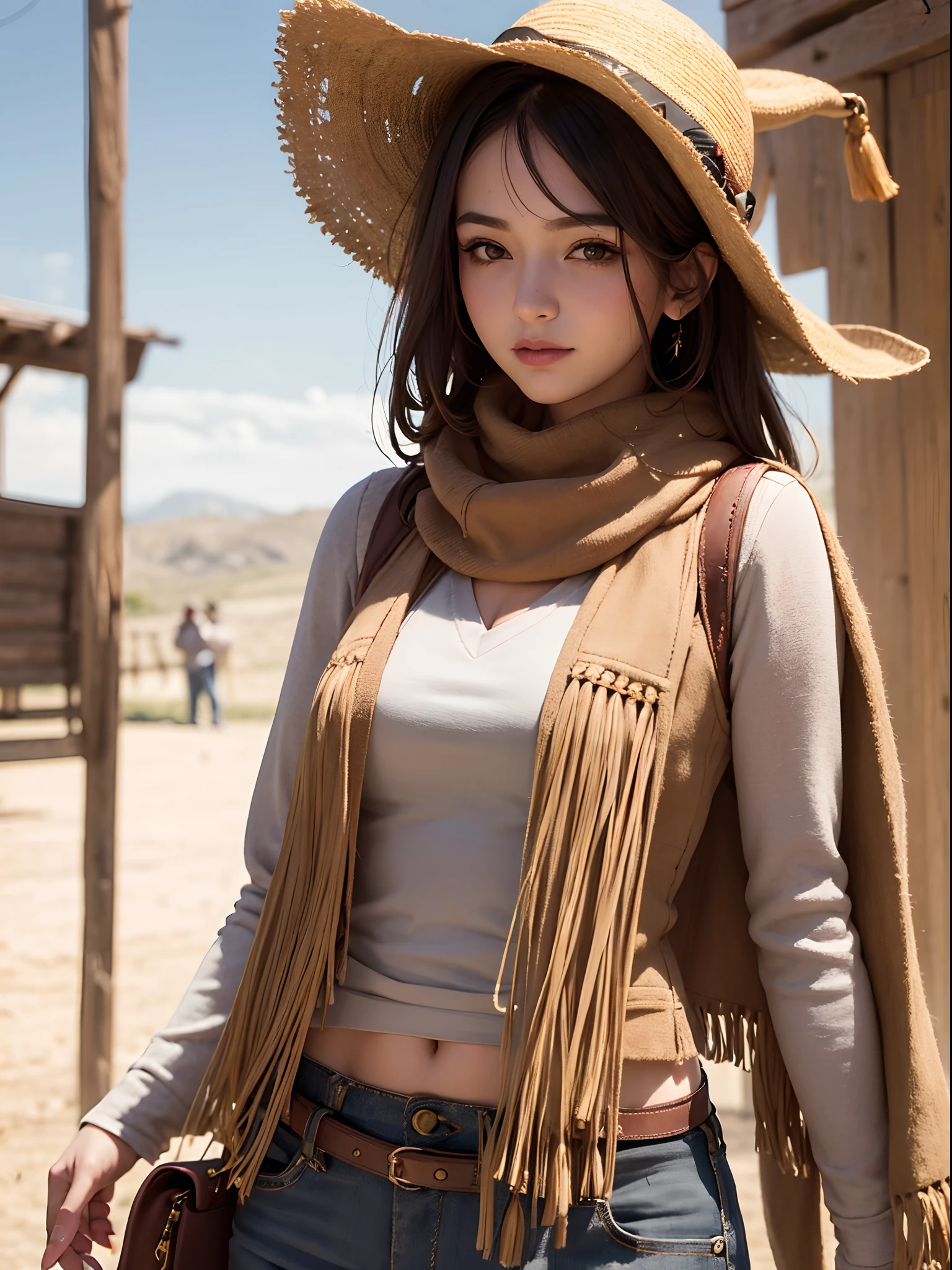 Portrait of muddy farm beauty:1.2 , Cowboy hat, Tassel vest , trousers, Scarf , confidence , Medium breast,