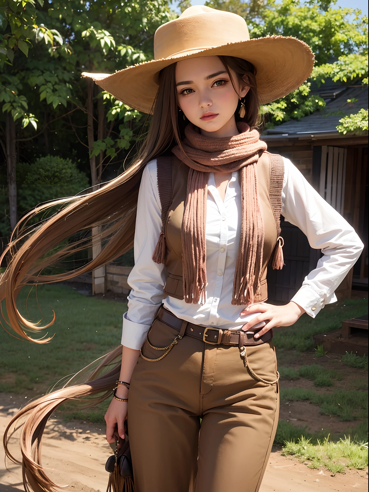 Portrait of muddy farm beauty:1.2 , Cowboy hat, Tassel vest , trousers, Scarf , confidence , Medium breast,