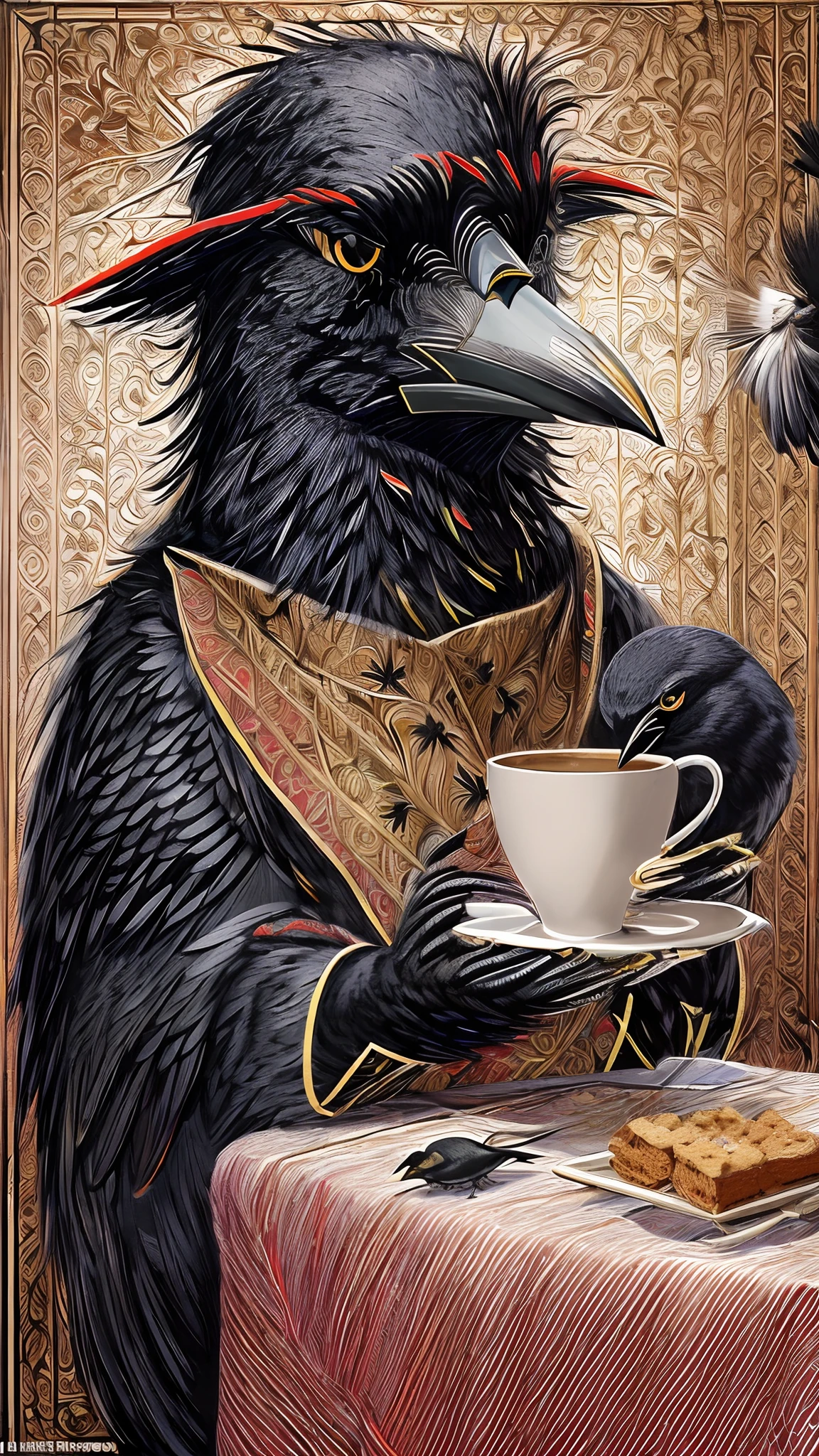(melhor qualidade:1.23), (obra-prima:1.12), (realista:1.24), (Anthropomorphic crow:1.5) holding a cup of coffee, sentado, in a bathrobe, having breakfast and holding a cup of coffee, volumeric lighting, Sala de estar, muitos gadgets e equipamentos em chamas, smoke billowing, (chamas ao redor:1.2),