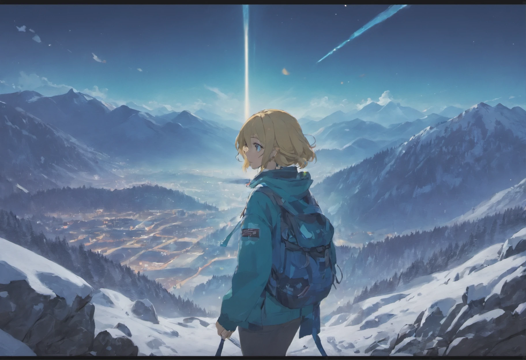 Broad lens,The back of a girl,Walk towards the top of a snowy mountain,hiking clothes,Equip the backpack,Back shadow,Back shadow,Go ahead,full bodyesbian,mountain peaks,Solo,tmasterpiece,