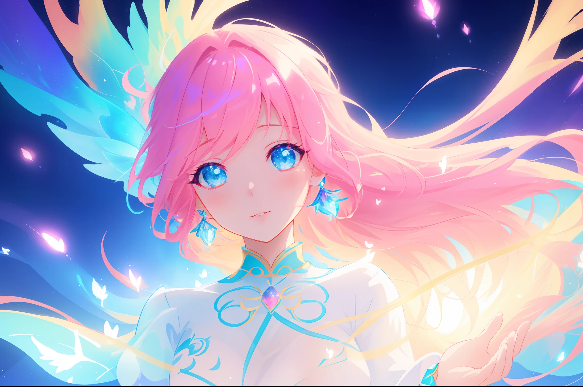 beautiful anime girl in glowing dress, glowing fairy wings, inspired by Glen Keane, inspired by Lois van Baarle, disney art style, by Lois van Baarle, glowing aura around her, by Glen Keane, jen bartel, glowing lights! digital painting, flowing glowing hair, glowing flowing hair, beautiful digital illustration, fantasia background, whimsical, magical, fantasy, beautiful face, ((masterpiece, best quality)), intricate details, highly detailed, sharp focus, 8k resolution