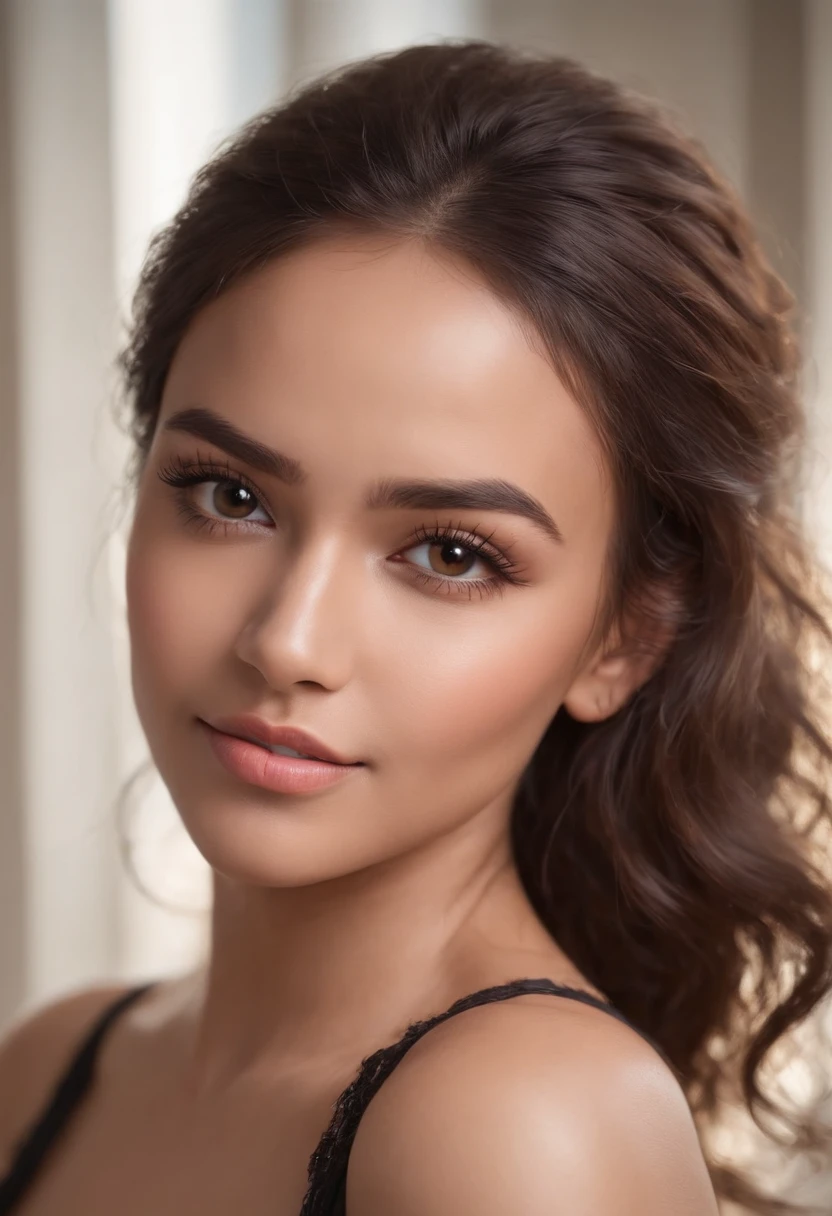 "A lady with short brown skin beauty, tousled hair stands before you, her lips curved into a gentle, small smile. Her eyes hold a hint of curiosity and warmth, and her presence seems to radiate an aura of quiet confidence, realistic