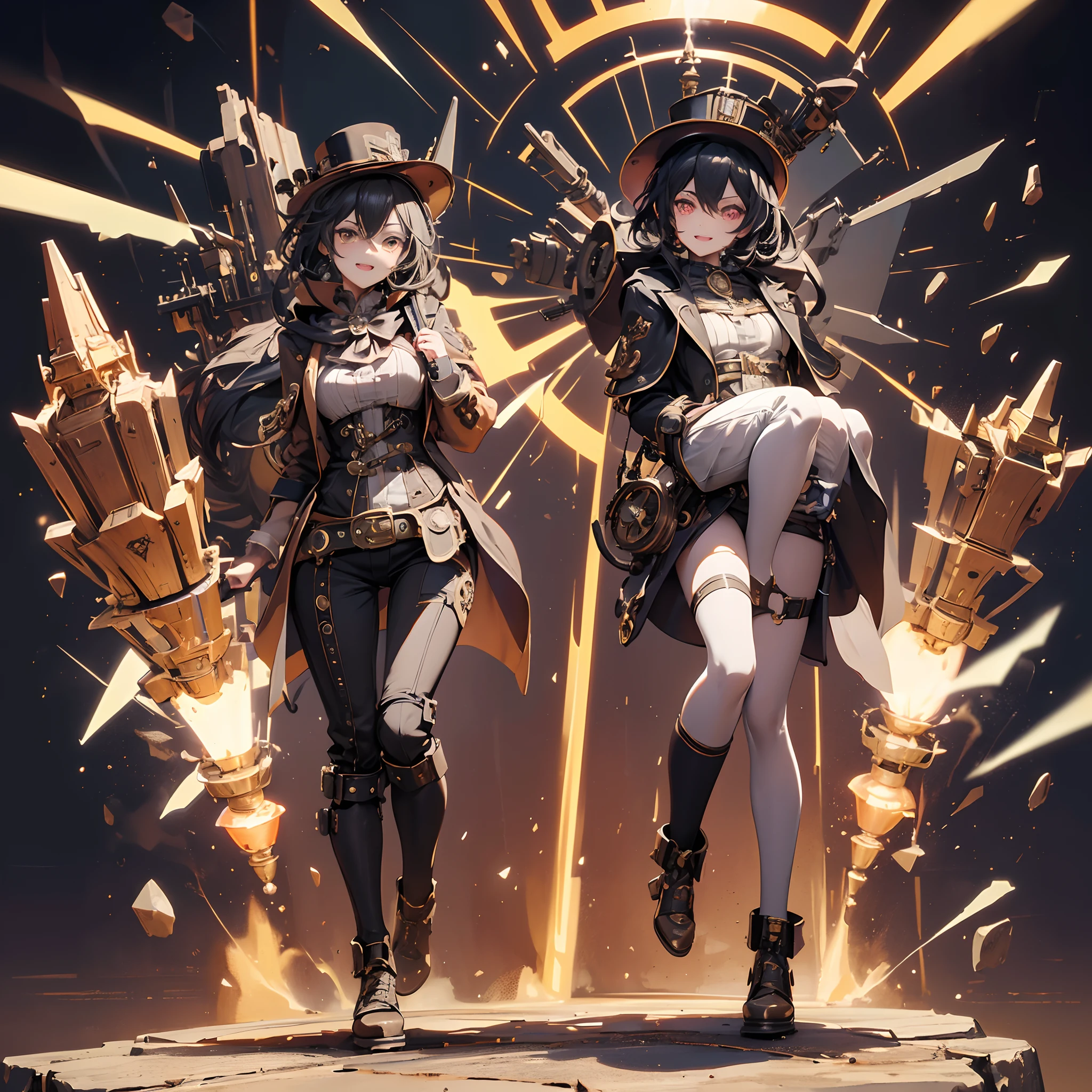 (((fullllbody,Steampunk ,Evil sensual smile,Carried a rocket on his back))), Mechanical appendages,Steampunk appendages,without background,One Young Woman, Steampunk clothes, steampunk hat,Carried a rocket on his back,striated hair, A dark-haired, eye reflections, makeup, open open mouth, smil, high detal, Gothic art, barroco, motion-blur, Ray traching, reflective light, multiple views, Perspective, ultra wide-angle, masterpiece, Anatomically correct, Textured Leather, Super Detail, high details, hightquality, Better Quality