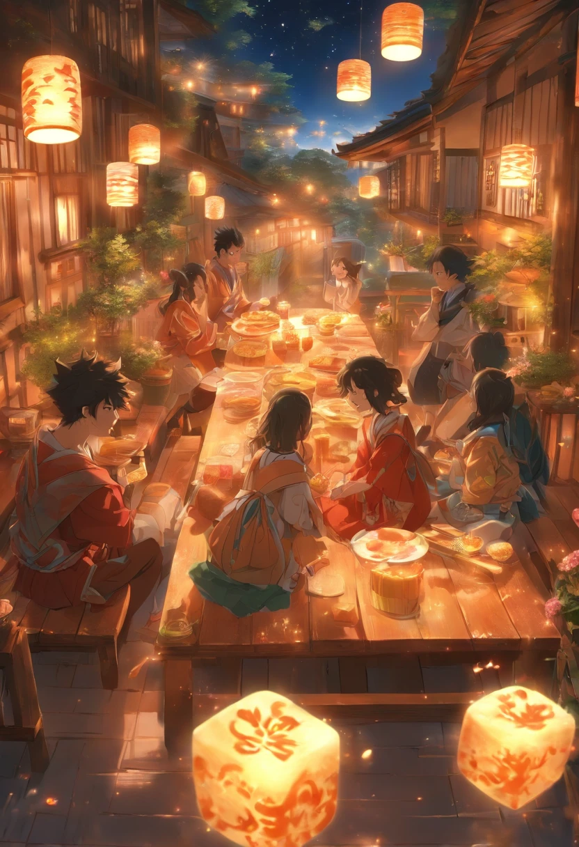 (top-quality、8K、tmasterpiece:1.3)、Full moon and stars in sky illustration,The family sits together eating mooncakes,Mom and dad laugh with the kids,Have in the living room、Bright house scene,extremely detailed face and skin,Heartwarming scene,perfect detail