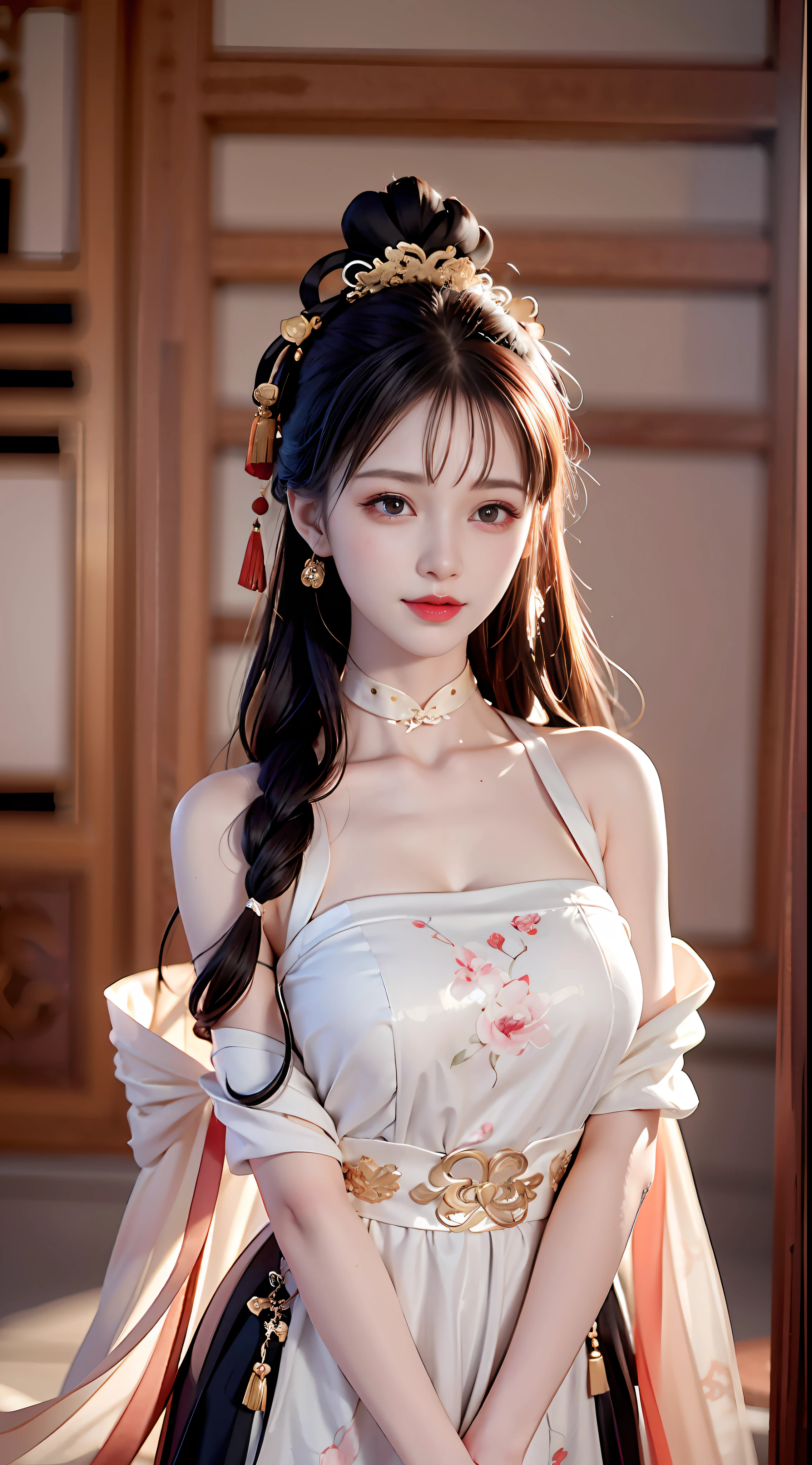 Need,tmasterpiece,A high resolution,1girll,Blushlush,(Seductive smile:0.8),starpupil,Chinese shoulder suction red Hanfu,hair adornments,choker necklace,trinkets,beautfully face,On_Body,Tindal effect,true to life,Shadow room,Light edges,Two-tone lighting，（highdetailskin：1.2），8K, Ultra HD，Slr，softlighting，high high quality，Volumetriclighting，Candid camera，photore，A high resolution，4K，8K，Antique bust photo in the background: A girl about 22 years old，Perfectcomposition，Precise and perfect human anatomy，Golden ratio creation，Surreal and realistic。Detailed skin details，White skin of the，shiny skin，Creamy glowing skin，Skin that is white and red。Exquisite depiction of facial features，Perfect makeup，Detailed depiction of the face，Clean and flawless face。A sweet smile，Smile without showing your teeth。Extremely detailed depiction of hair，Long black hair，Hair coiled，tying  hair，High bun，The wind blew away the hair。Eyebrows upturned，long eyelasher，二重まぶた。Affectionate eyes，Big bright eyes，Sweet with lying silkworms。High nose bridge。Thin lips，Pink lip gloss，Straight teeth。Delicate collarbones。Delicate pendant，耳Nipple Ring。Perfect tall figure，Get it all together，Long legs and thin waist，Skinny beauty，Don't look too thin and look ahead，Face the lens，Ancient architectural background(((Chinese style new Chinese ink floral black halterneck dress)))，half-body photo