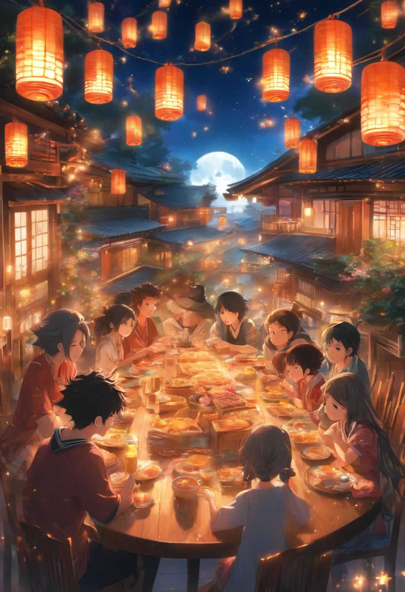 (top-quality、8K、tmasterpiece:1.3)、Full moon and stars in sky illustration,The family sits together eating mooncakes,Mom and dad laugh with the kids,Have in the living room、Bright house scene,extremely detailed face and skin,Heartwarming scene,perfect detail