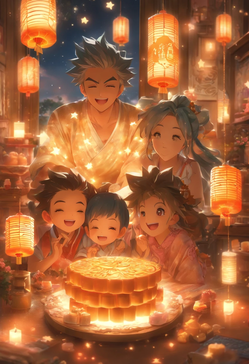 (top-quality、8K、tmasterpiece:1.3)、Full moon and stars in sky illustration，The family sits together eating mooncakes,Mom and dad laugh with the kids，Have in the living room、Bright house scene，extremely detailed face and skin，Heartwarming scene，perfect  detail